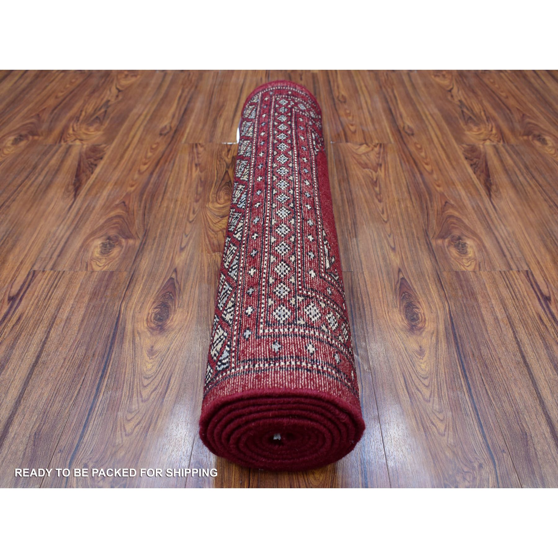 2'6"x9'1" Mori Bokara with Tribal Medallions Design Deep and Rich Red Extra Soft Wool Hand Woven Oriental Runner Rug 