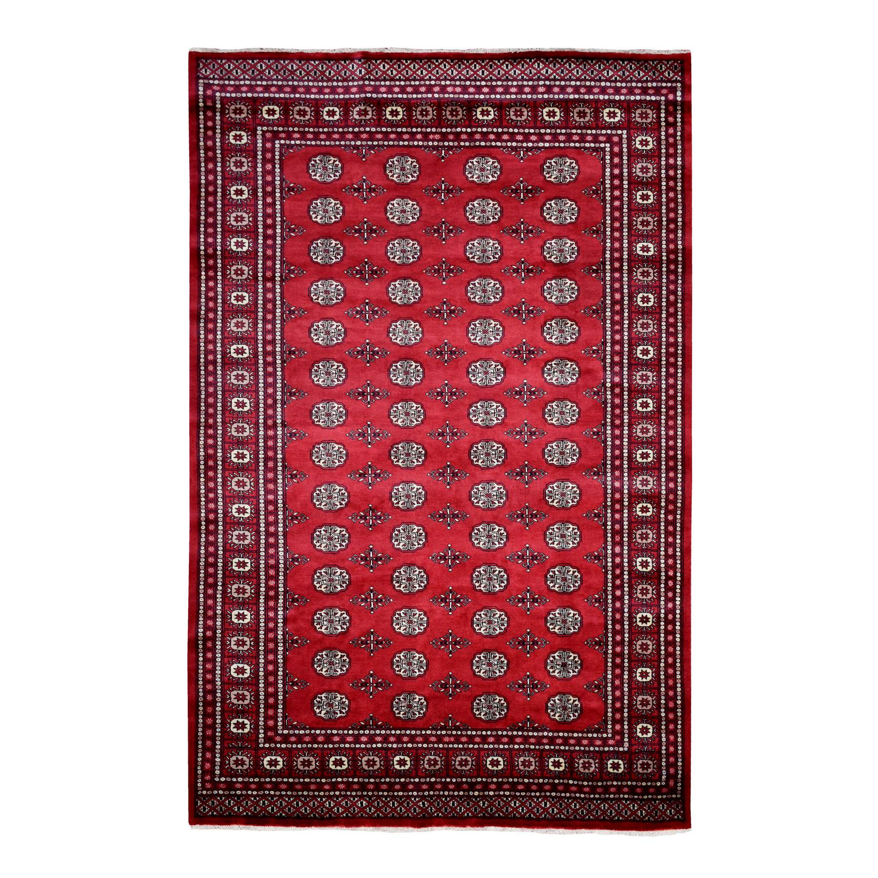 6'x9'3" Deep and Rich Red Soft Wool Hand Woven Mori Bokara with Geometric Medallions Design Oriental Rug 
