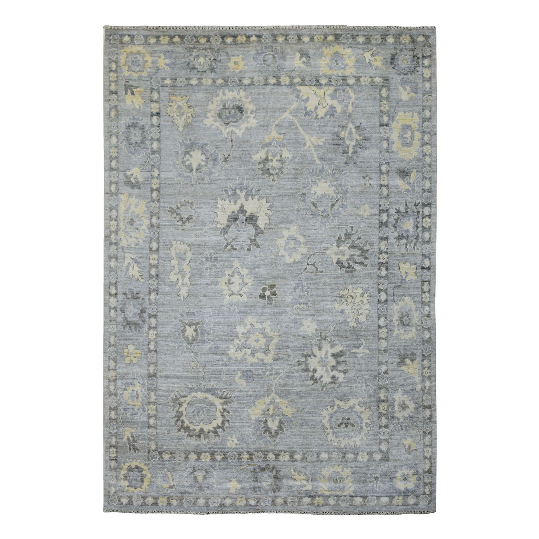 6'1"x8'10" Hand Woven Gray with Touches of Ivory Angora Oushak Pure Wool Oriental Rug 