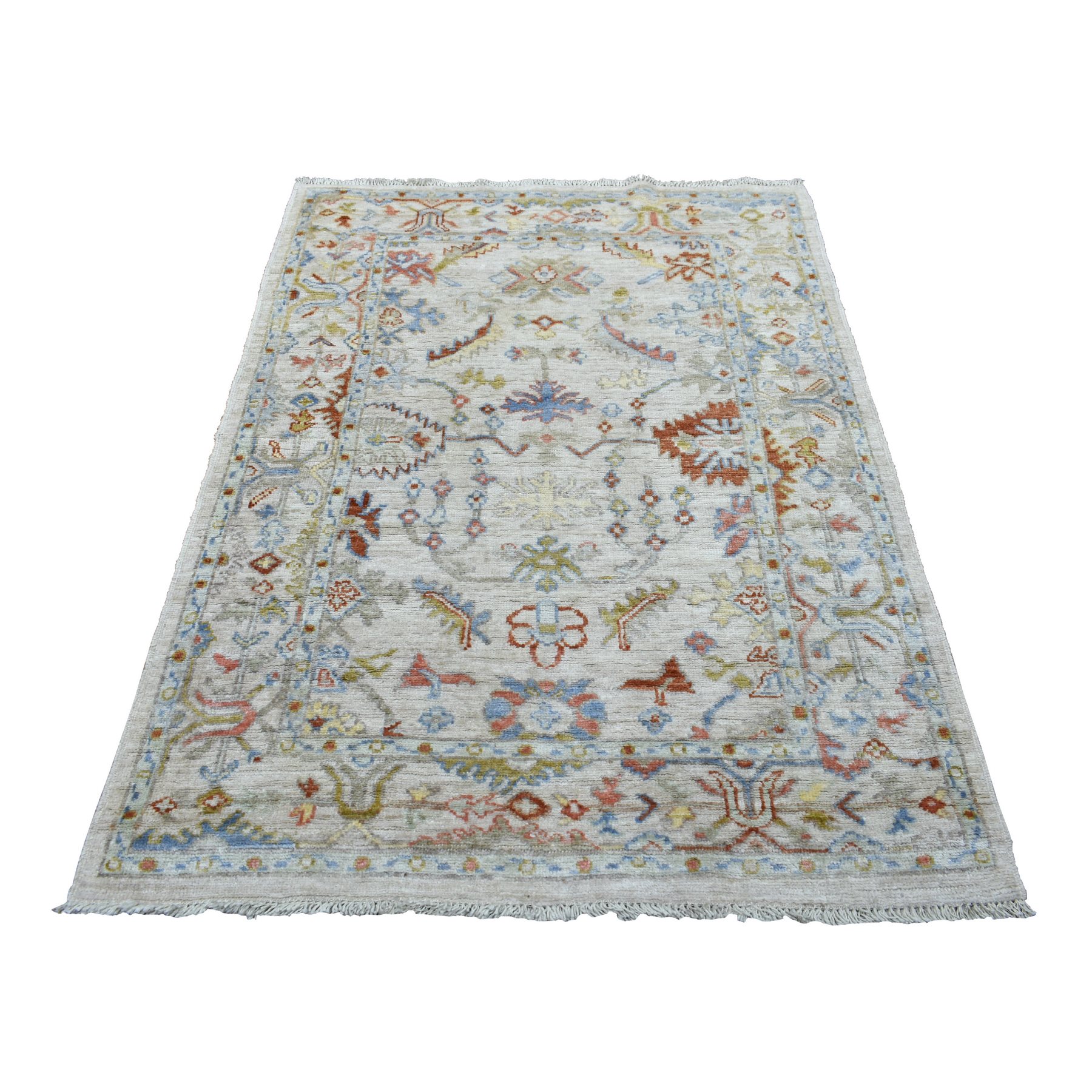 4'1"x5'10" Silver Gray Angora Ushak with Pop of Colors Soft and Pliable Wool Hand Woven Oriental Rug 