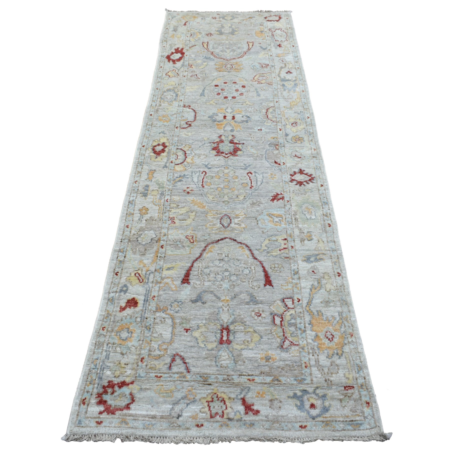 2'9"x9'7" Hand Woven Silver Blue Angora Oushak with Bold Floral Pattern Extra Soft Wool Oriental Runner Rug 