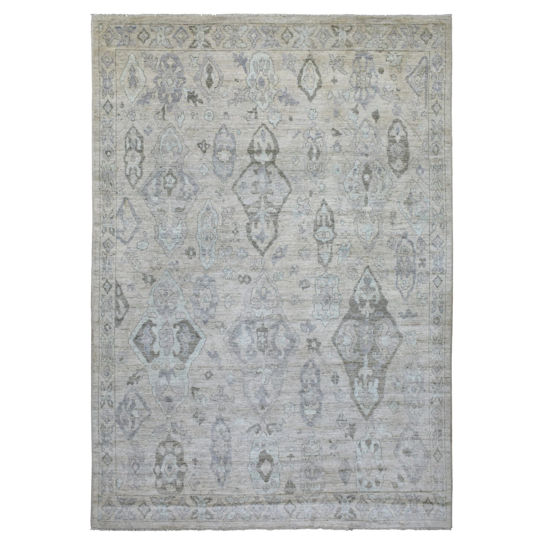 9'x12'8" Soft and Pliable Wool Hand Woven Gray Afghan Angora Ushak with Large Elements Design Oriental Rug 