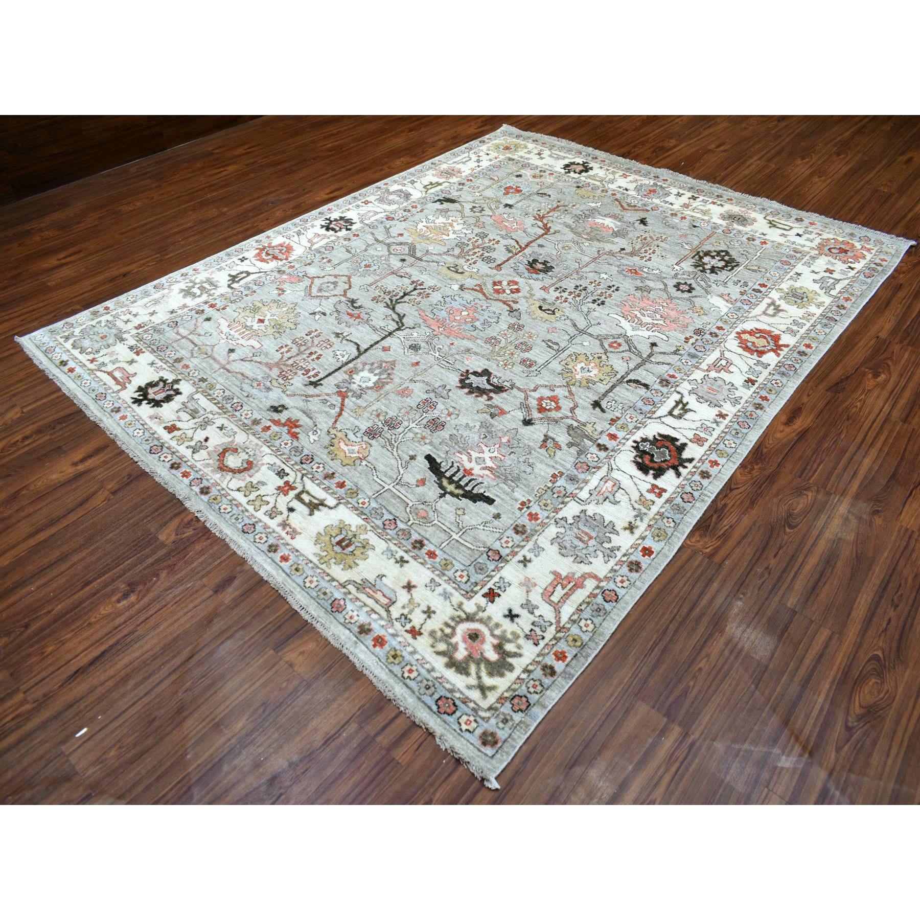 8'x10' Hand Woven Gray Afghan Angora Oushak with Bold Floral Pattern Organic Wool Oriental Rug 