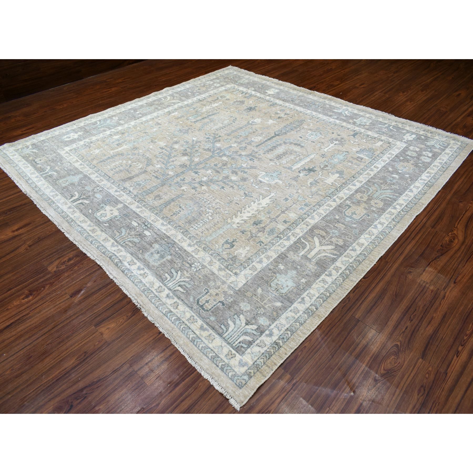 10'x10' Gray Afghan Angora Ushak with Willow and Cypress Tree Design Pure Wool Hand Woven Oriental Square Rug 