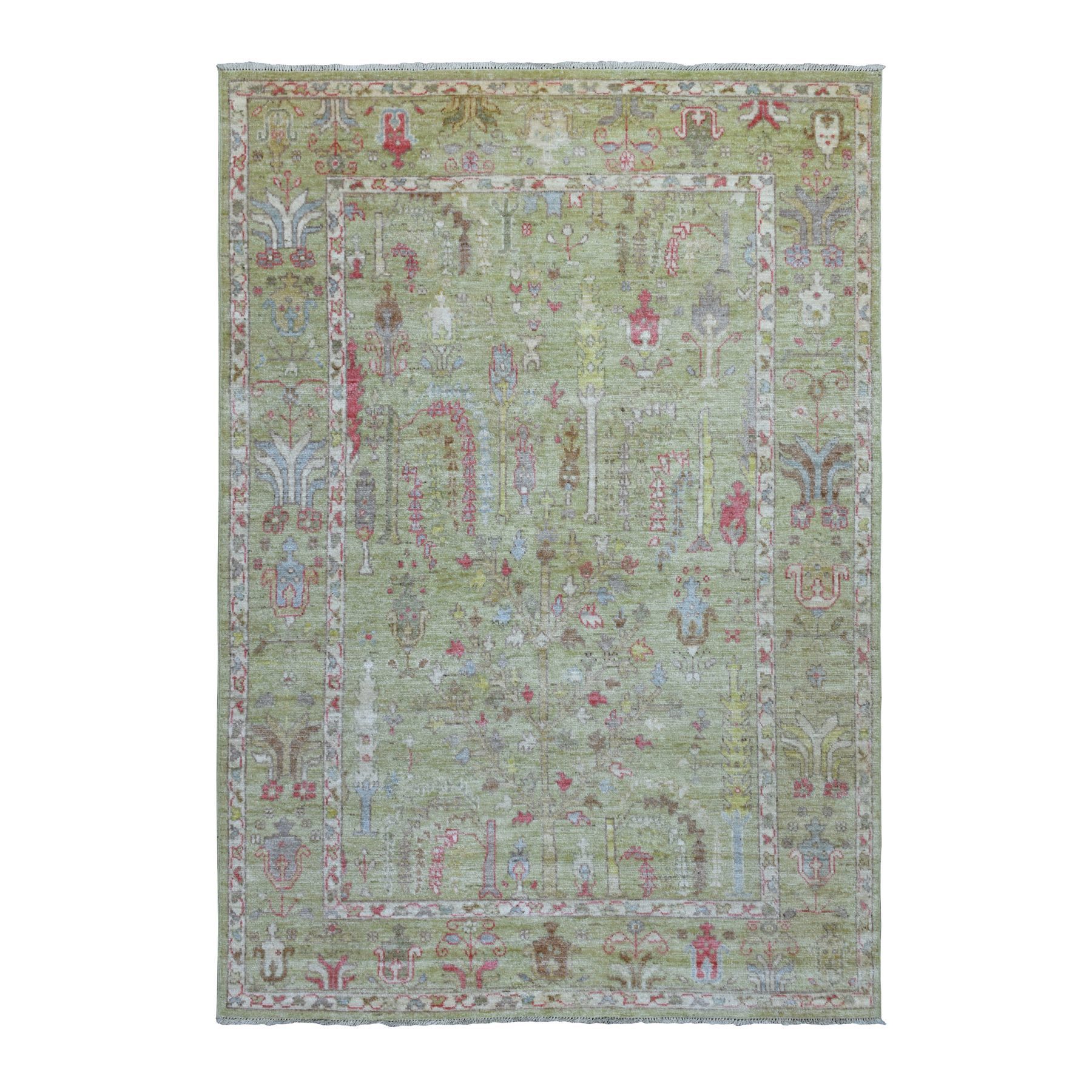 6'2"x9' Soft Wool Hand Woven Lime Green Angora Oushak with Colorful Cypress and Willow Tree Design Oriental Rug 