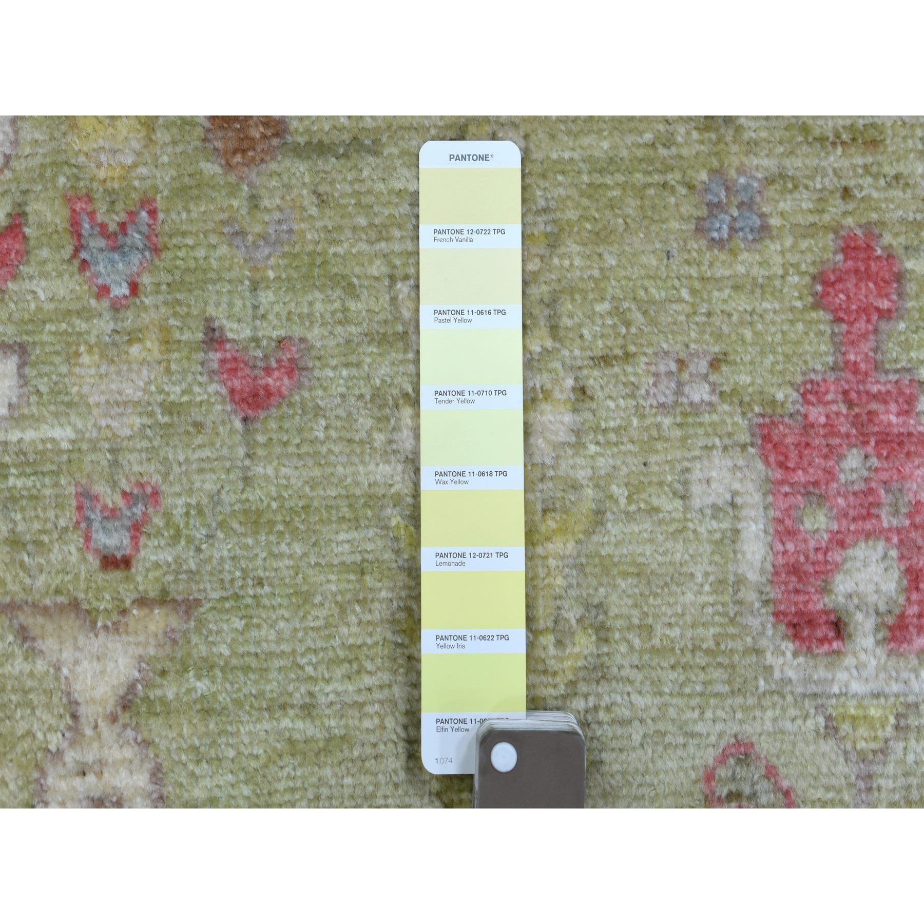 6'2"x9' Soft Wool Hand Woven Lime Green Angora Oushak with Colorful Cypress and Willow Tree Design Oriental Rug 