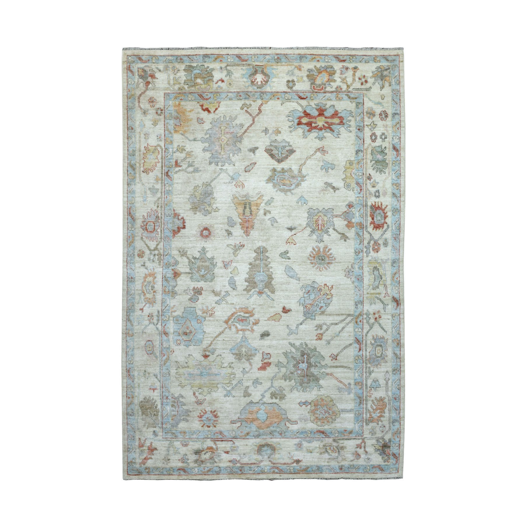 5'10"x9' Organic Wool Hand Woven Ivory Angora Oushak with Bold Floral Pattern Oriental Rug 