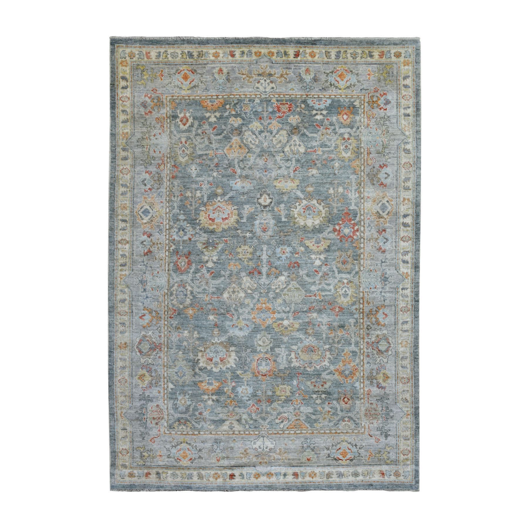 6'2"x9'1" Gray Angora Ushak with Blend of Bold Colors Extremely Durable Hand Woven Oriental Rug 