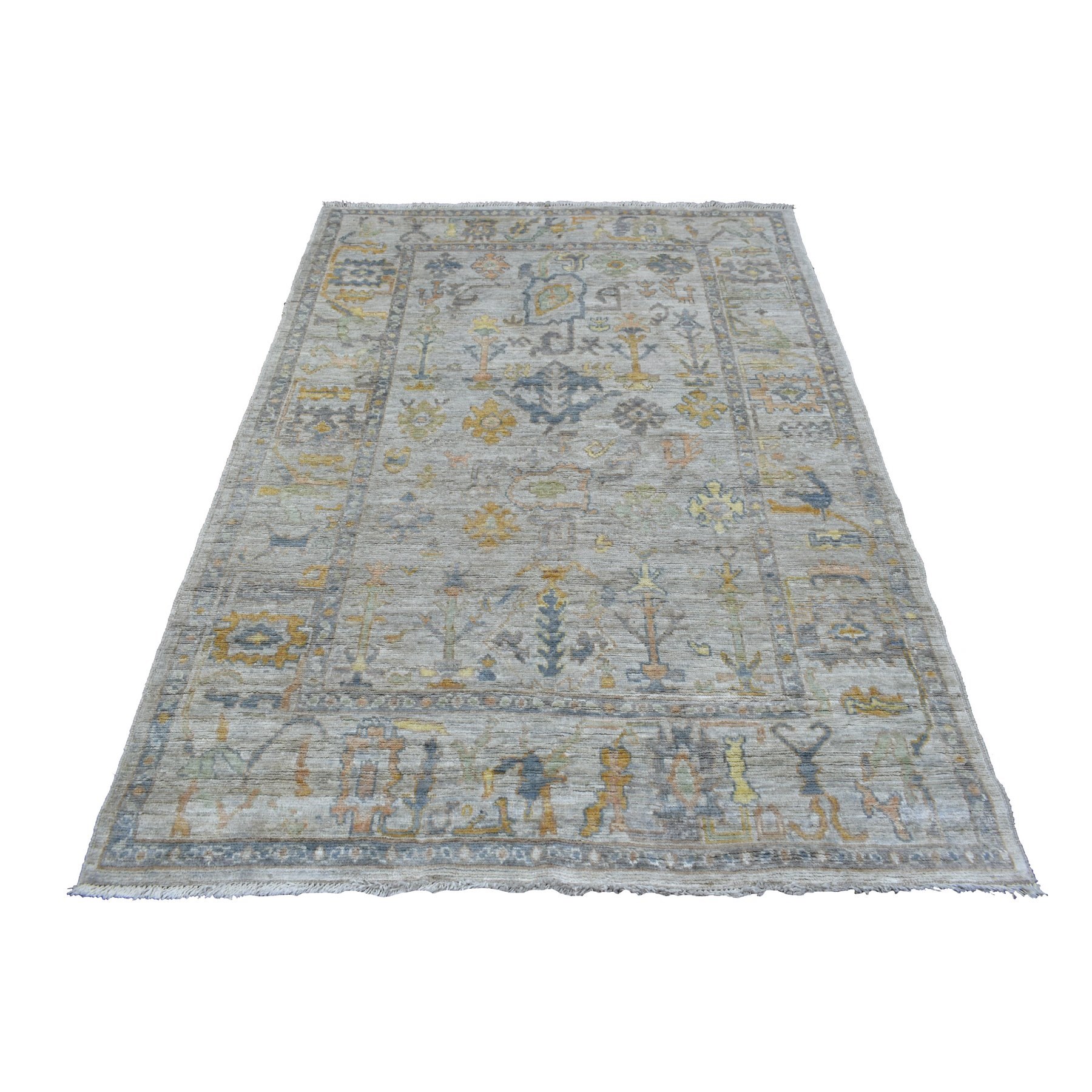 4'10"x6'10" Hand Woven Gray Afghan Angora Ushak with Geometric Leaf Design Extremely Durable Oriental Rug 
