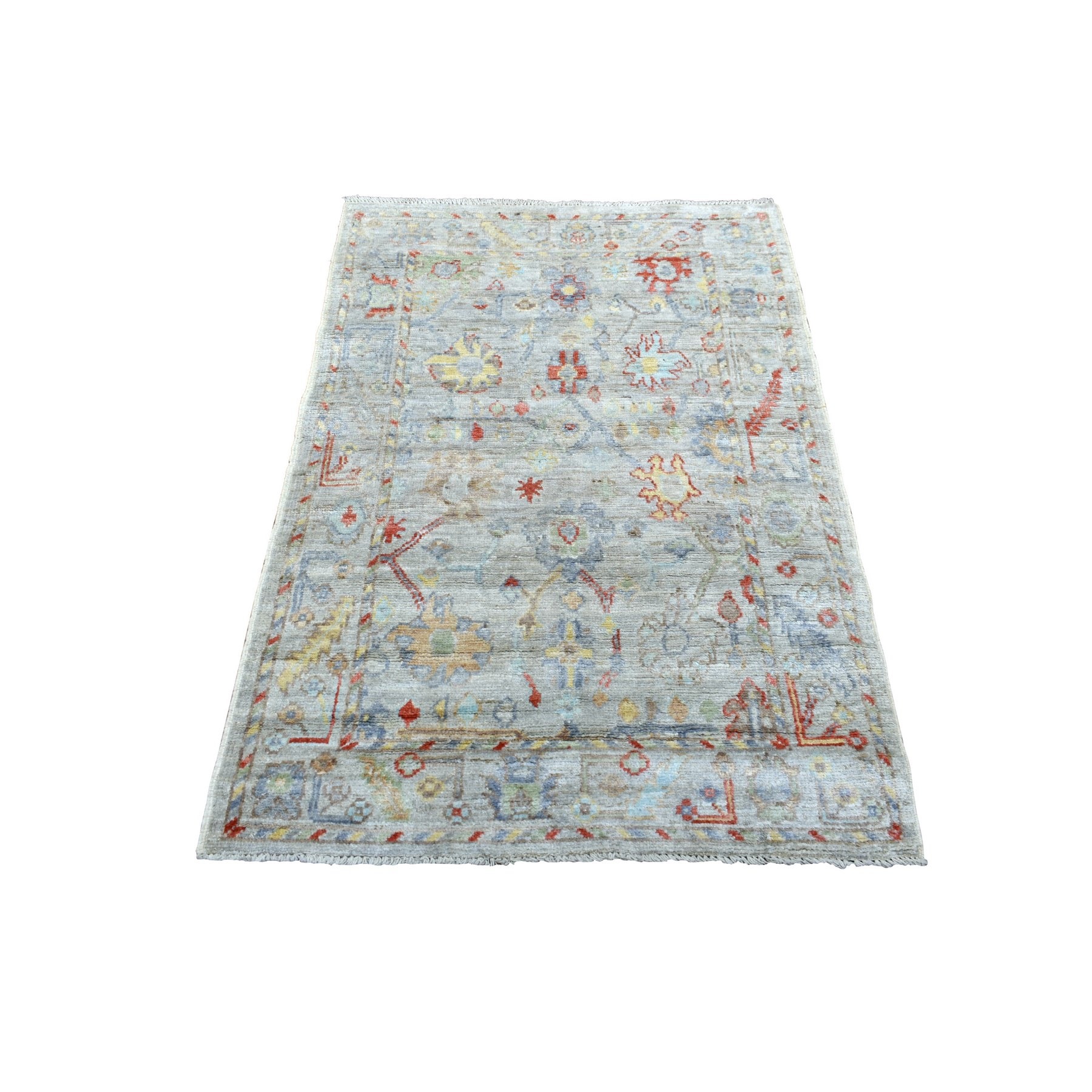 3'1"x4'8" Silver Gray Angora Ushak with Bold Floral Pattern Natural Wool Hand Woven Oriental Rug 
