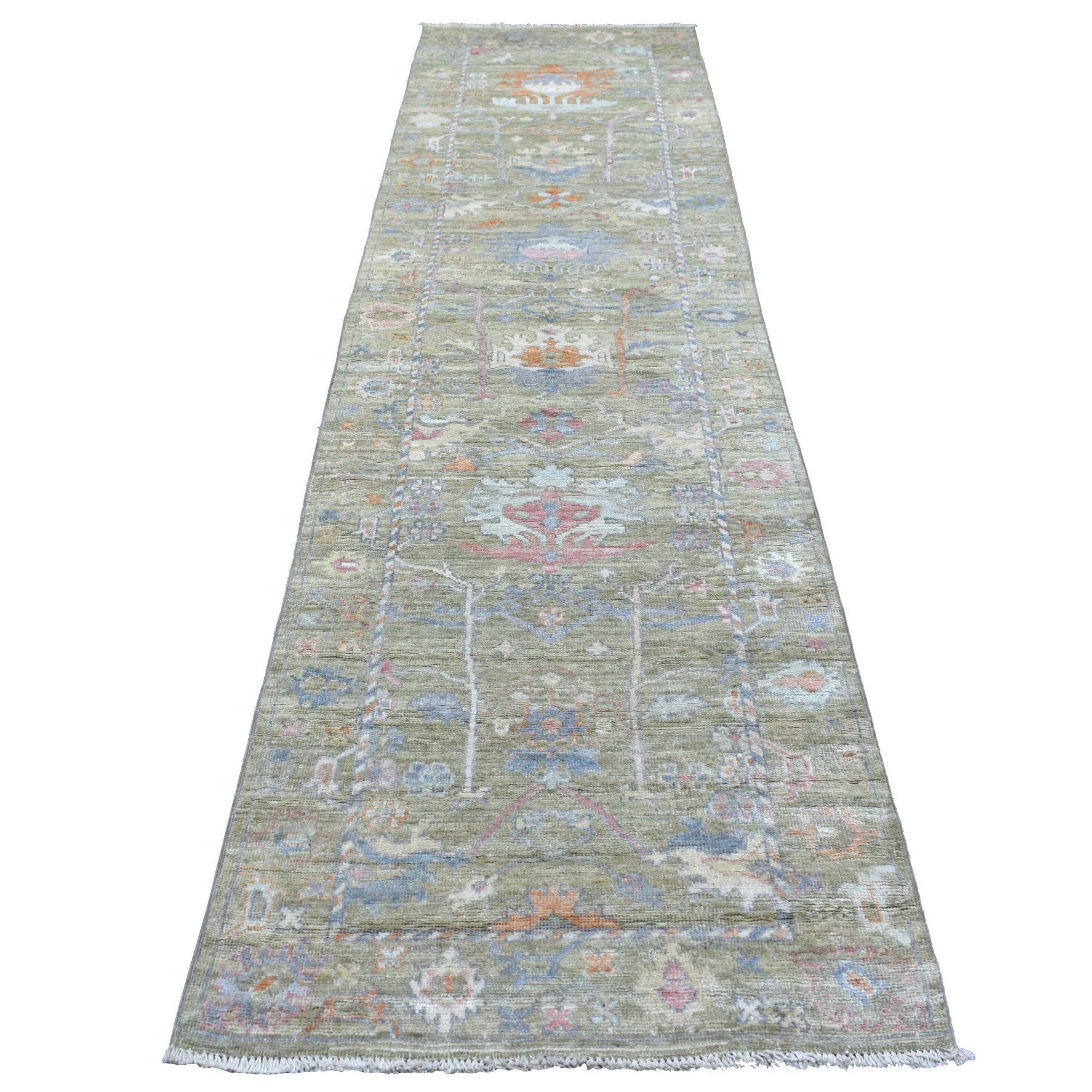 3'x11'7" Afghan Angora Ushak with Assortment of Colors Extra Soft Wool Hand Woven Lime Green Oriental Runner Rug 