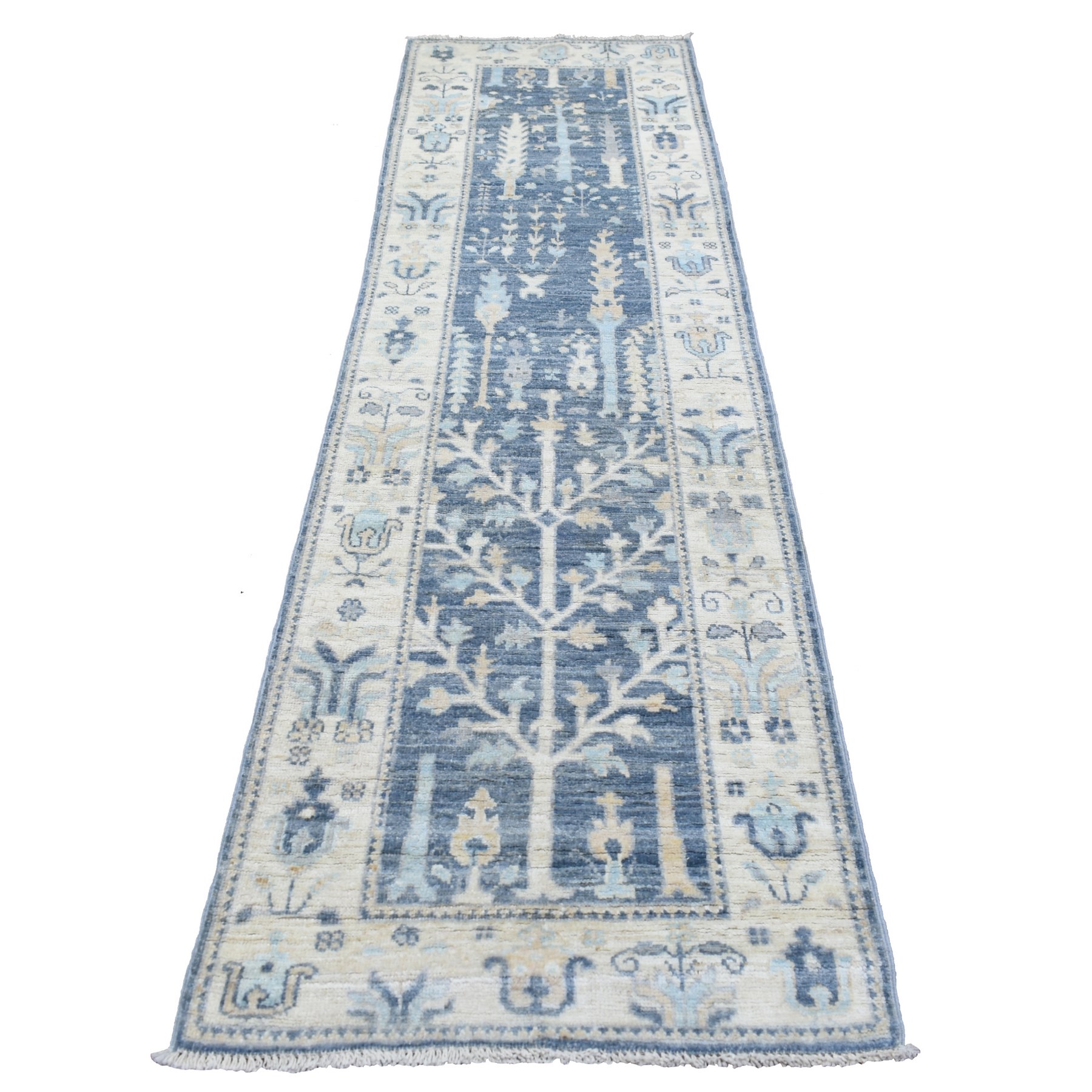 2'7"x9'8" Navy Blue Angora Oushak with Faded Cypress and Willow Tree Design Natural Wool Hand Woven Oriental Runner Rug 