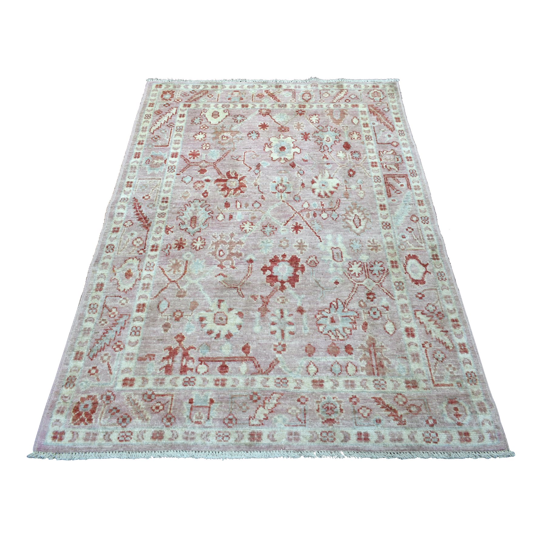 4'1"x5'10" Coral Pink Afghan Angora Oushak with Eye Catching Bold Floral Pattern Hand Woven Pure Wool Oriental Rug 