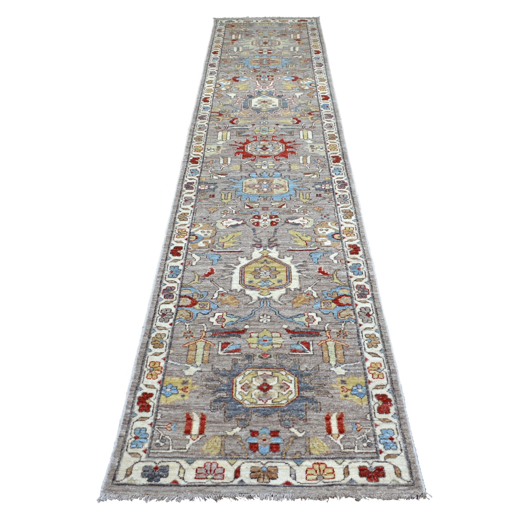2'6"x11'9" Afghan Peshawar with Northwest Persian Design Soft and Pliable Wool Hand Woven Silver Gray Oriental Runner Rug 