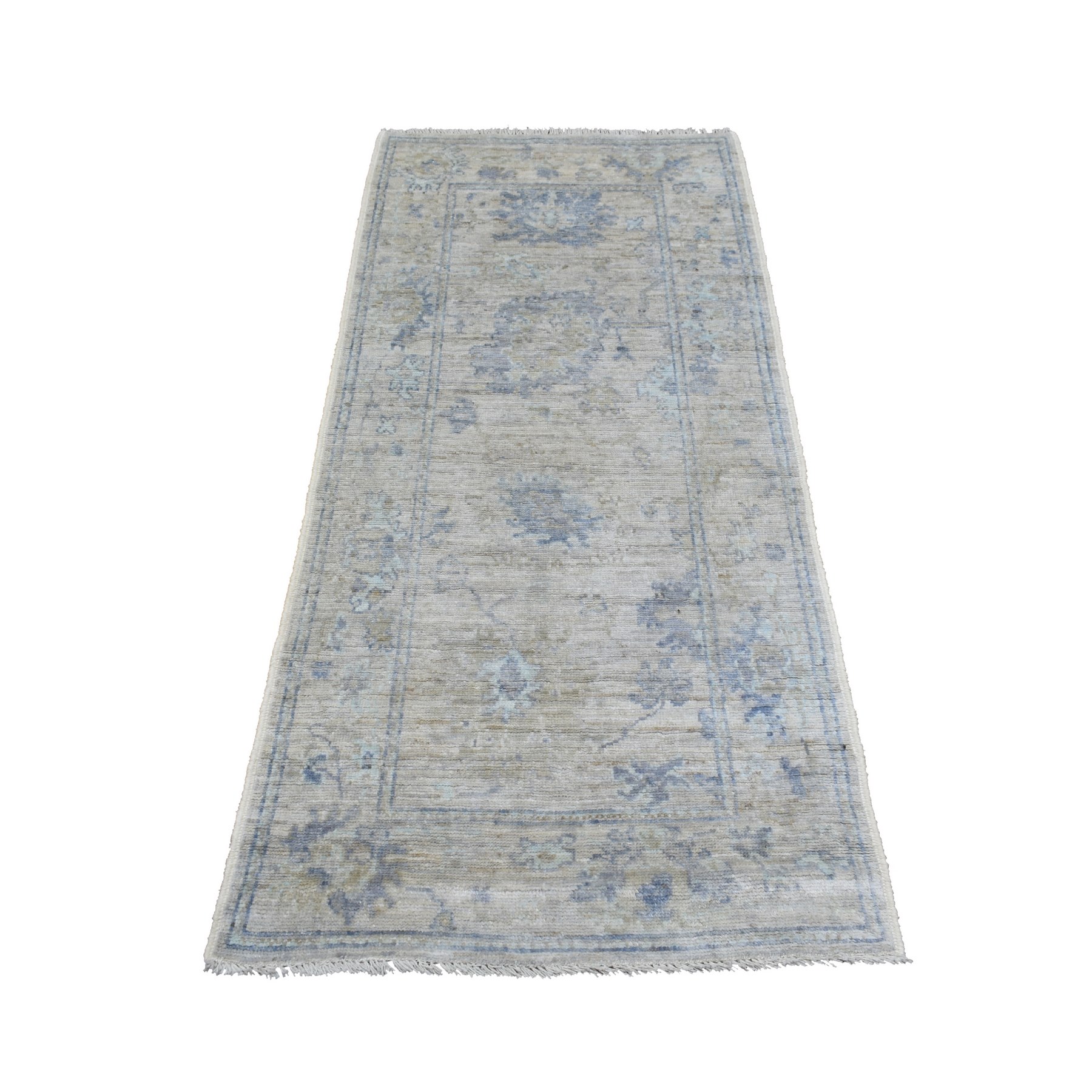 2'9"x6' Ivory with Touches of Denim Blue Hand Woven Leaf Design Afghan Angora Ushak Organic Wool Oriental Runner Rug 