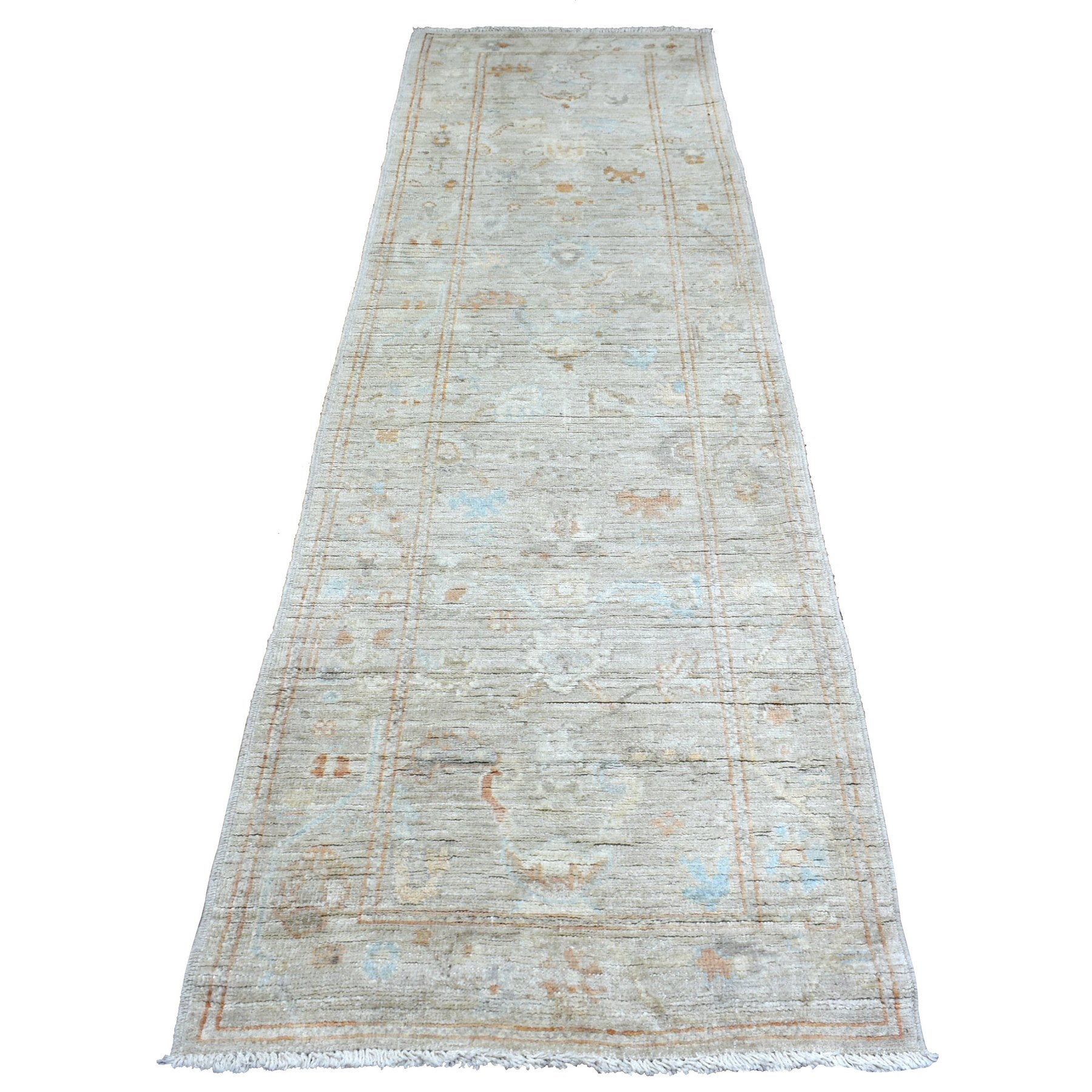 2'9"x9'7" Beige Hand Woven with Afghan Angora Oushak Faded Out Color Shades Soft, Velvety Wool Oriental Runner Rug 