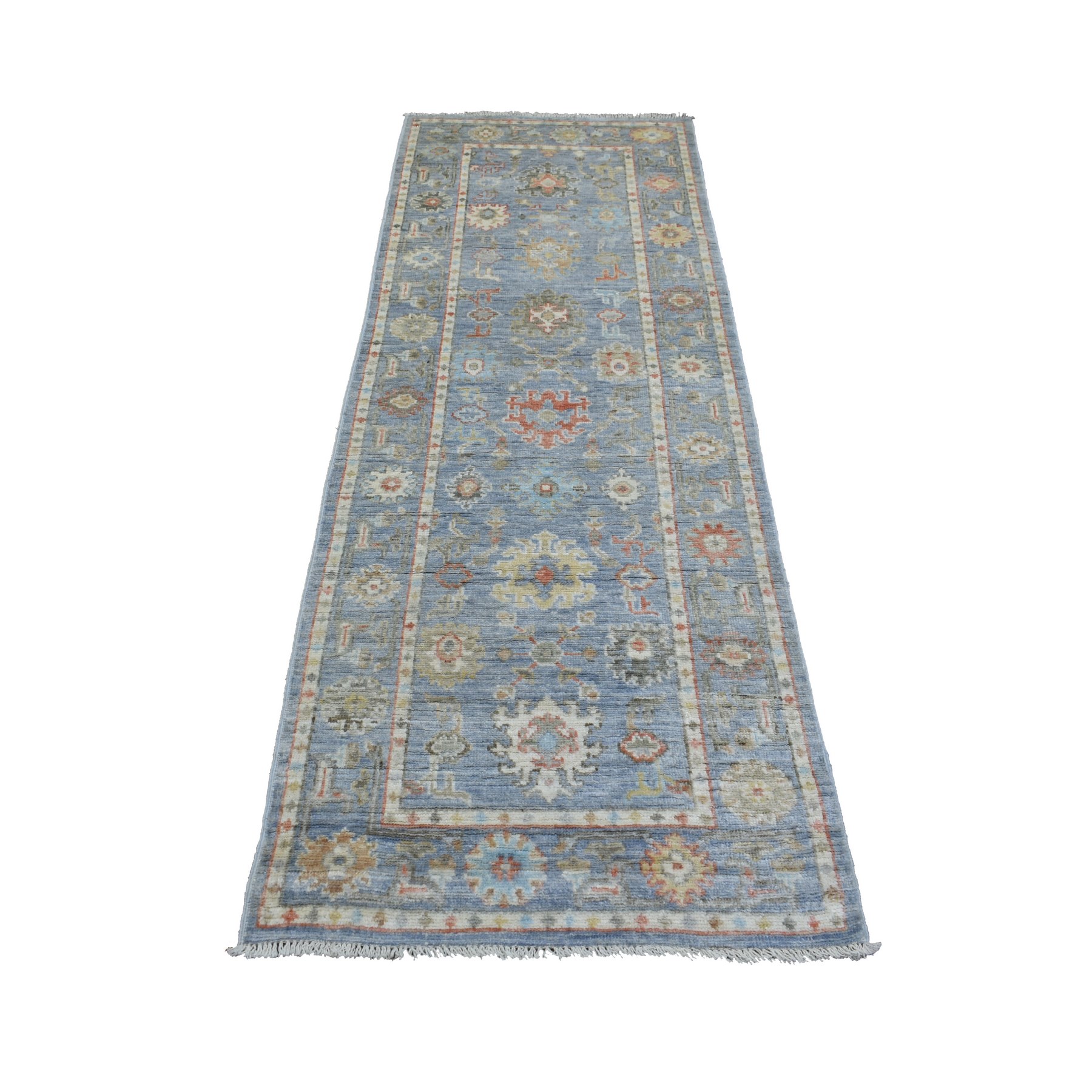 2'8"x7'8" Denim Blue Afghan Angora Ushak with Colorful Geometric Leaf Design Hand Woven Soft, Natural Wool Oriental Runner Rug 