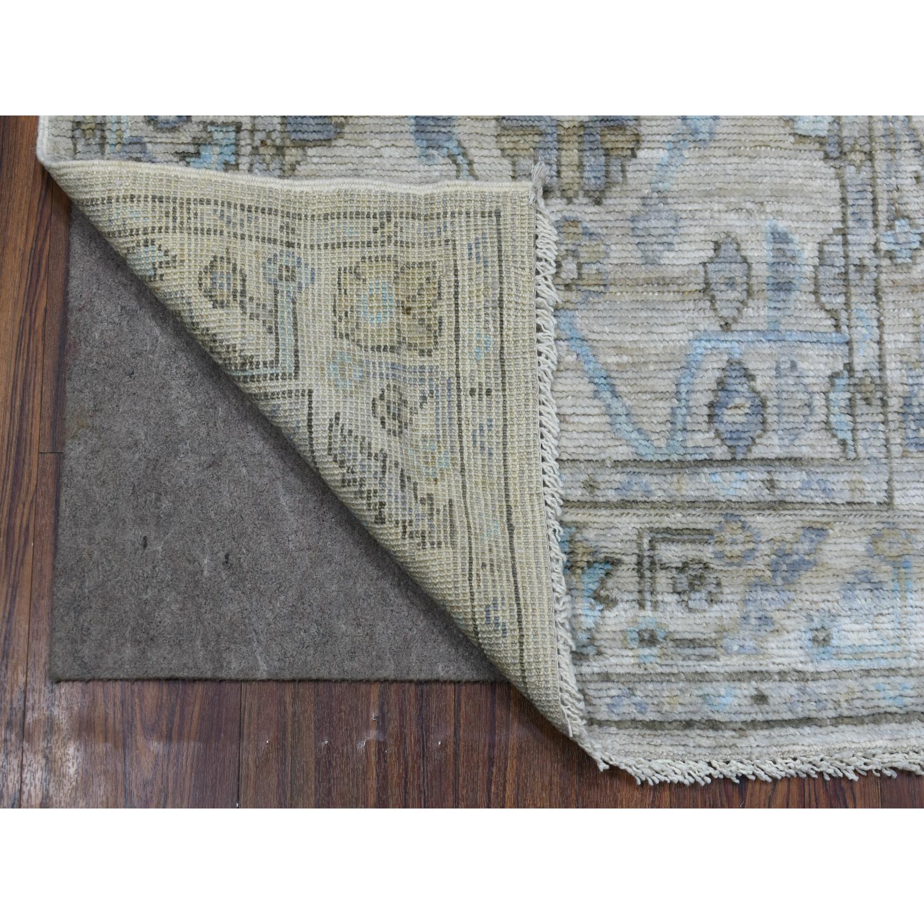 2'7"x7'10" Hand Woven Gray Serrated Leaf Border Afghan Angora Ushak Soft and Subtle Wool Oriental Runner Rug 
