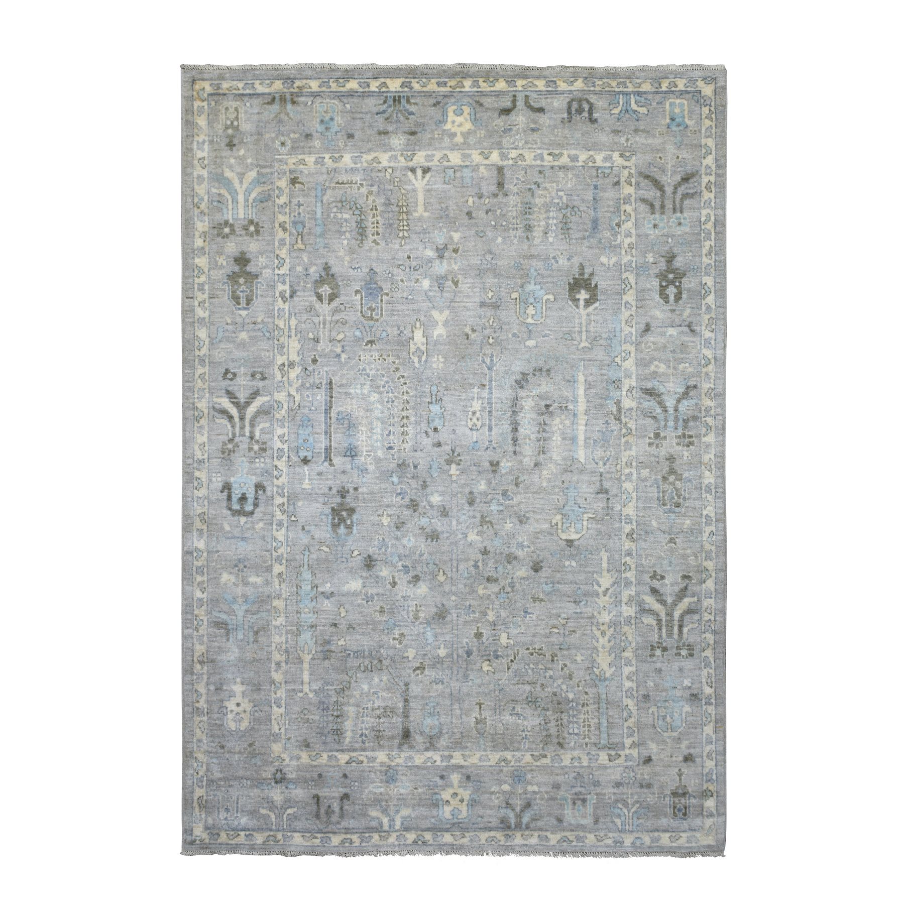 6'2"x8'9" Silver-Blue Hand Woven Cypress and Willow Tree Design Afghan Angora Ushak Pure Wool Oriental Rug 