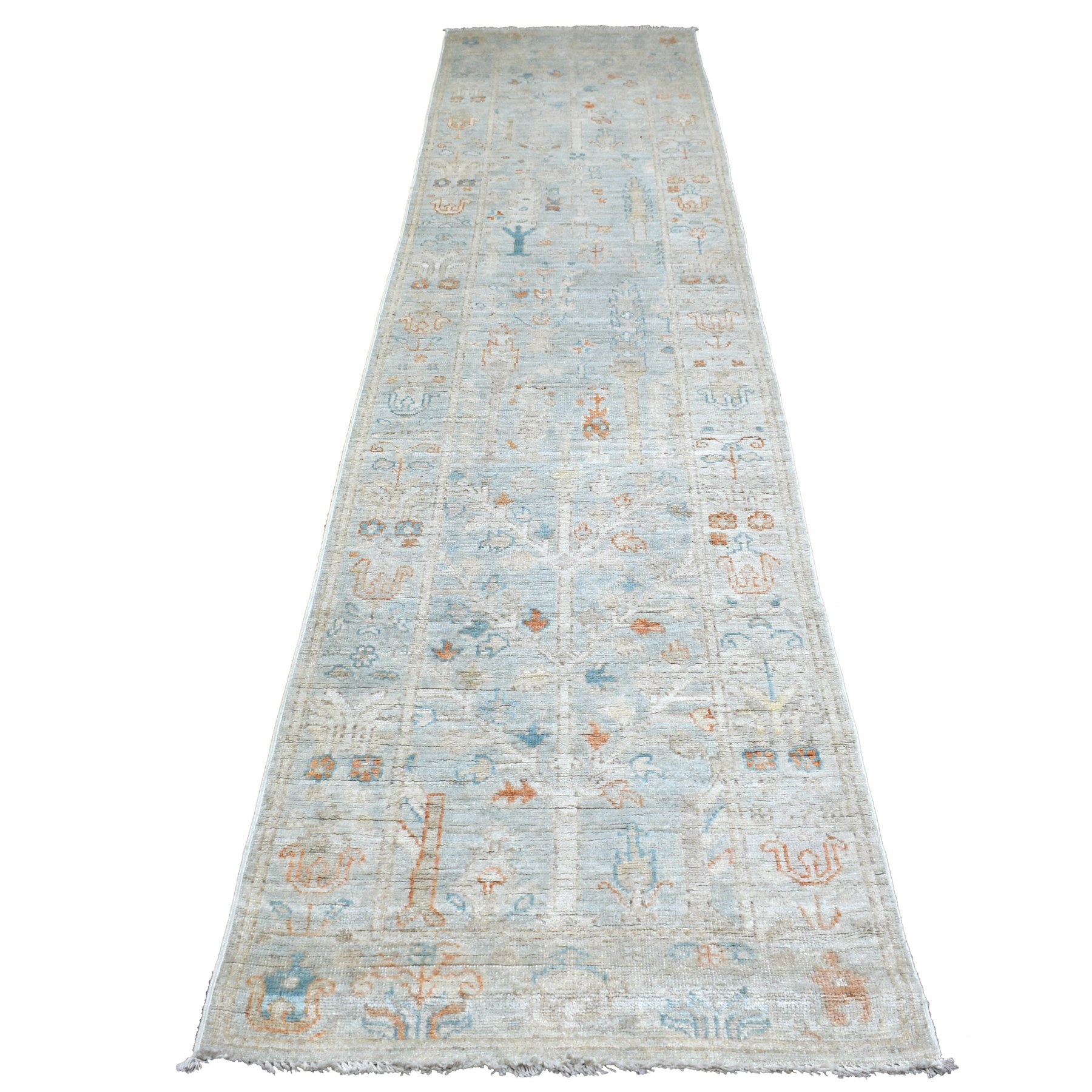2'8"x11'7" Faded Blue Afghan Angora Ushak with Colorful Cypress and Willow Tree Design Hand Woven Pure Wool Runner Oriental Rug 