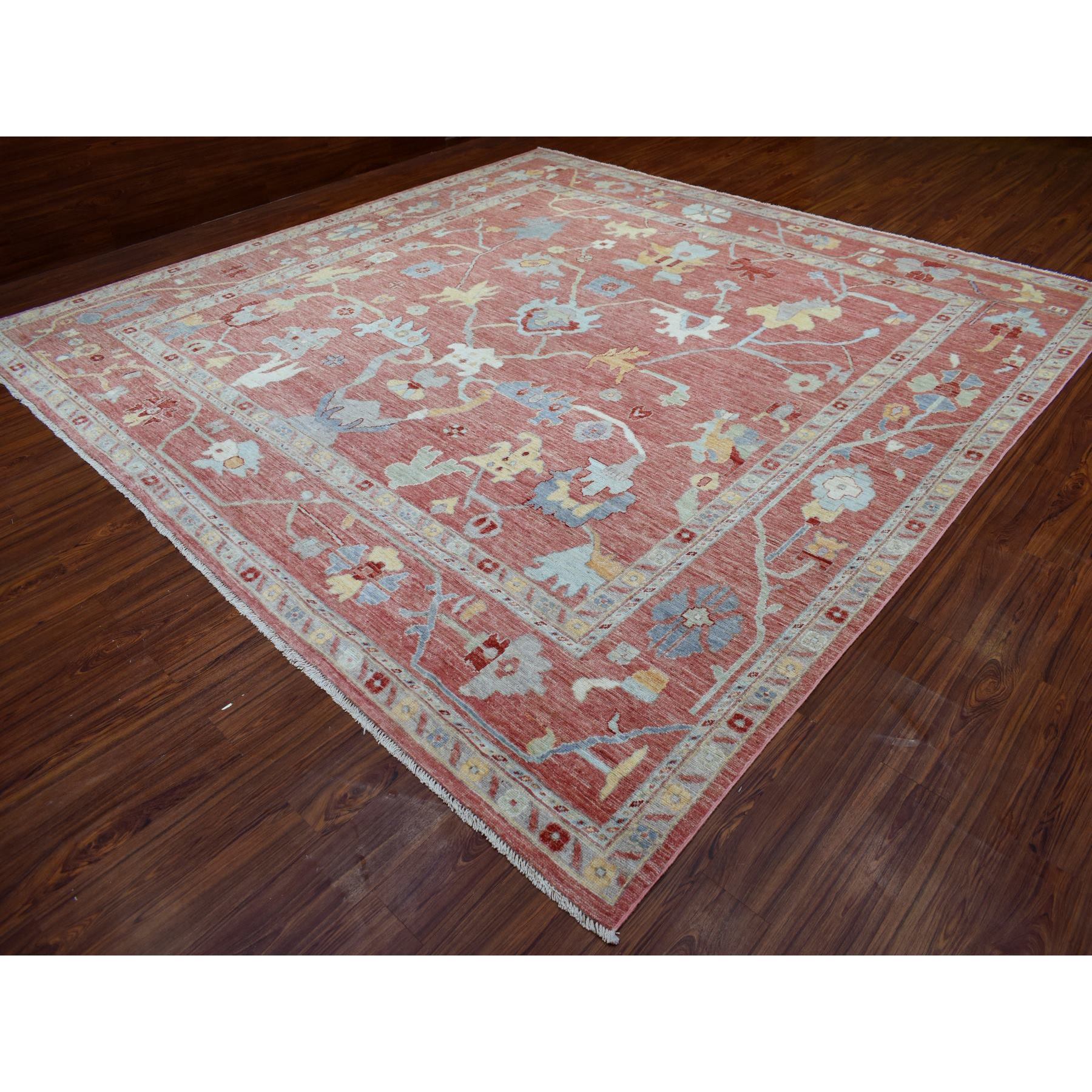 11'10"x11'10" Hand Woven, Coral Red, Afghan Angora Oushak with Floral Pattern, Pliable Wool, Oriental, Square, Rug 