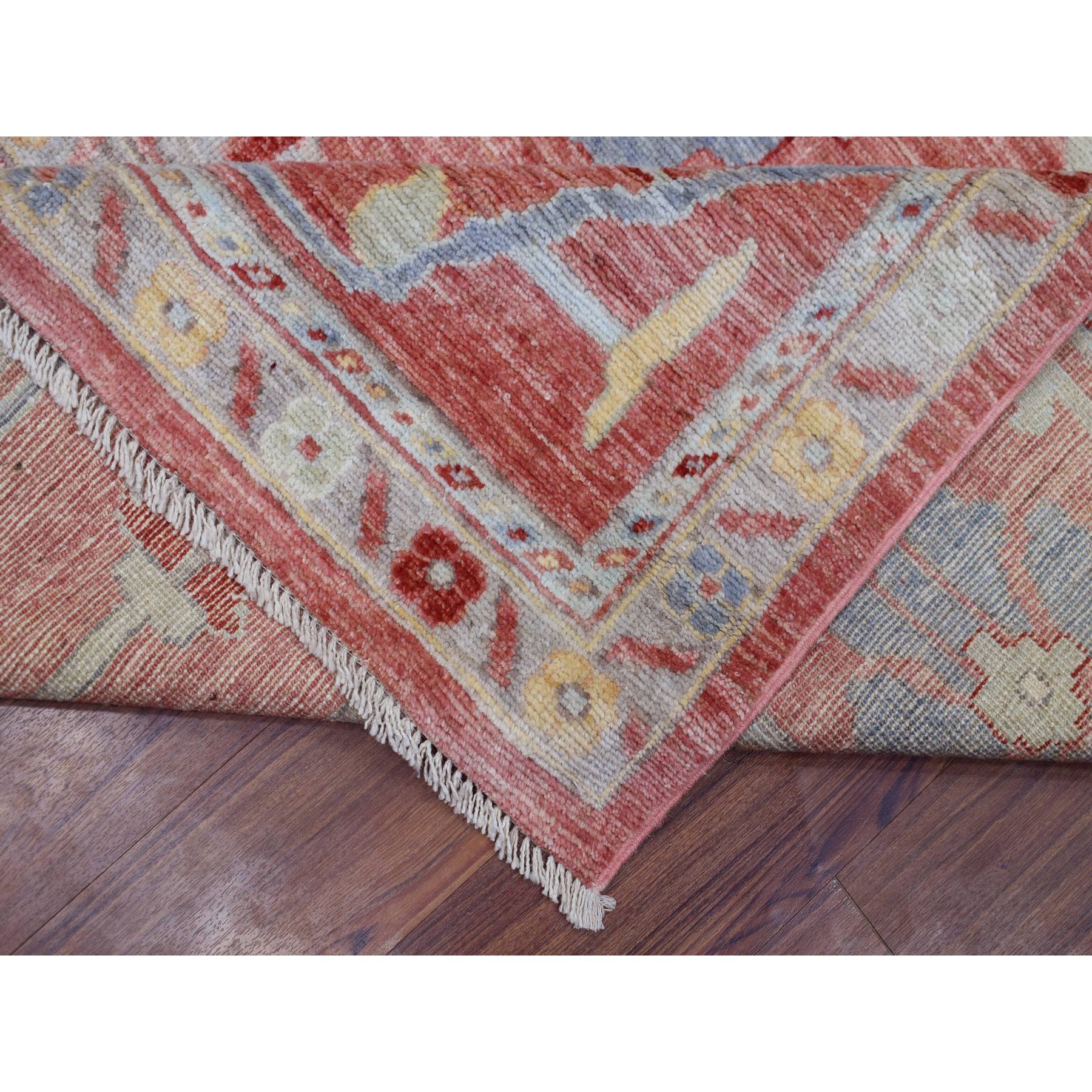 11'10"x11'10" Hand Woven, Coral Red, Afghan Angora Oushak with Floral Pattern, Pliable Wool, Oriental, Square, Rug 