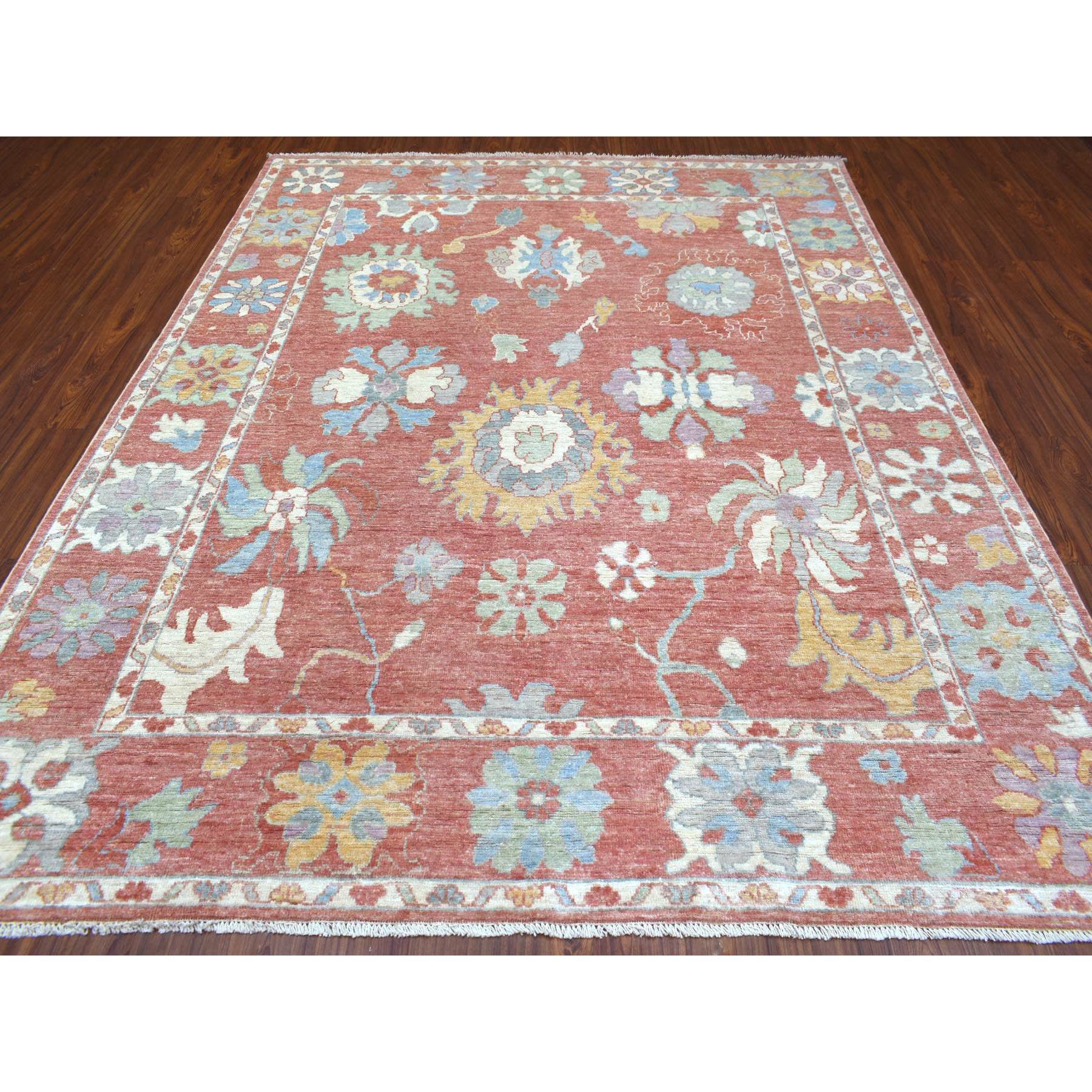 8'x9'9" Coral Red Afghan Angora Ushak with a Beautiful, Floral Pattern Hand Woven Pure Wool Oriental Rug 