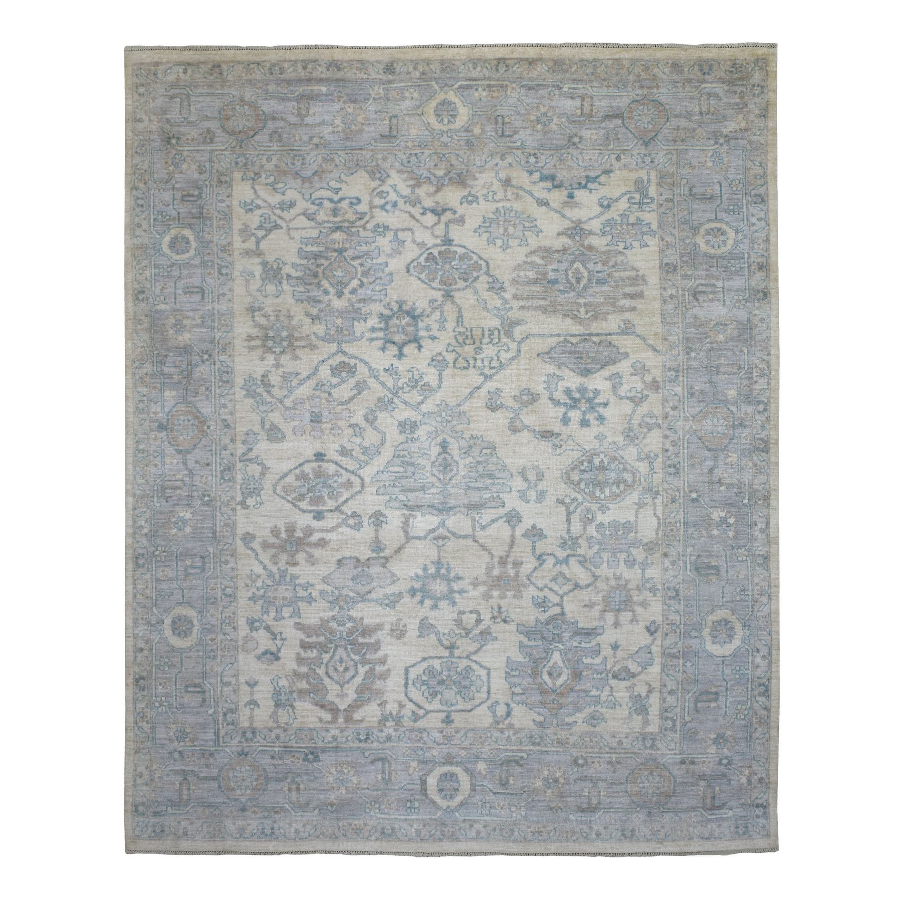 7'10"x9'11" All Over Design Afghan Angora Oushak with Ivory-Blue Color Scheme Organic Wool Hand Woven Oriental Rug 