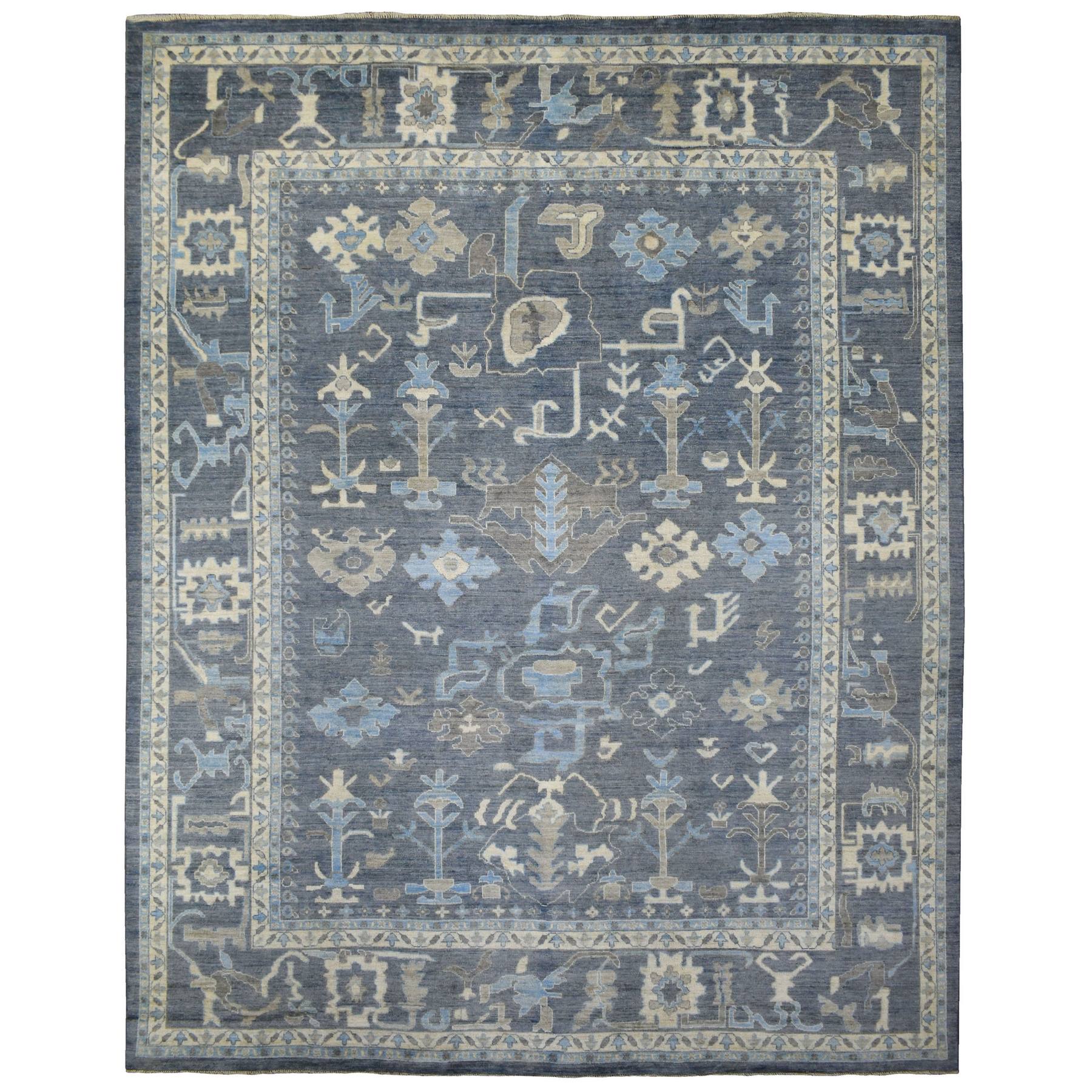 11'8"x14'5" Charcoal Gray with Touches of Blue and Ivory Angora Ushak Soft, Afghan Wool Hand Woven Oriental Oversized Rug 