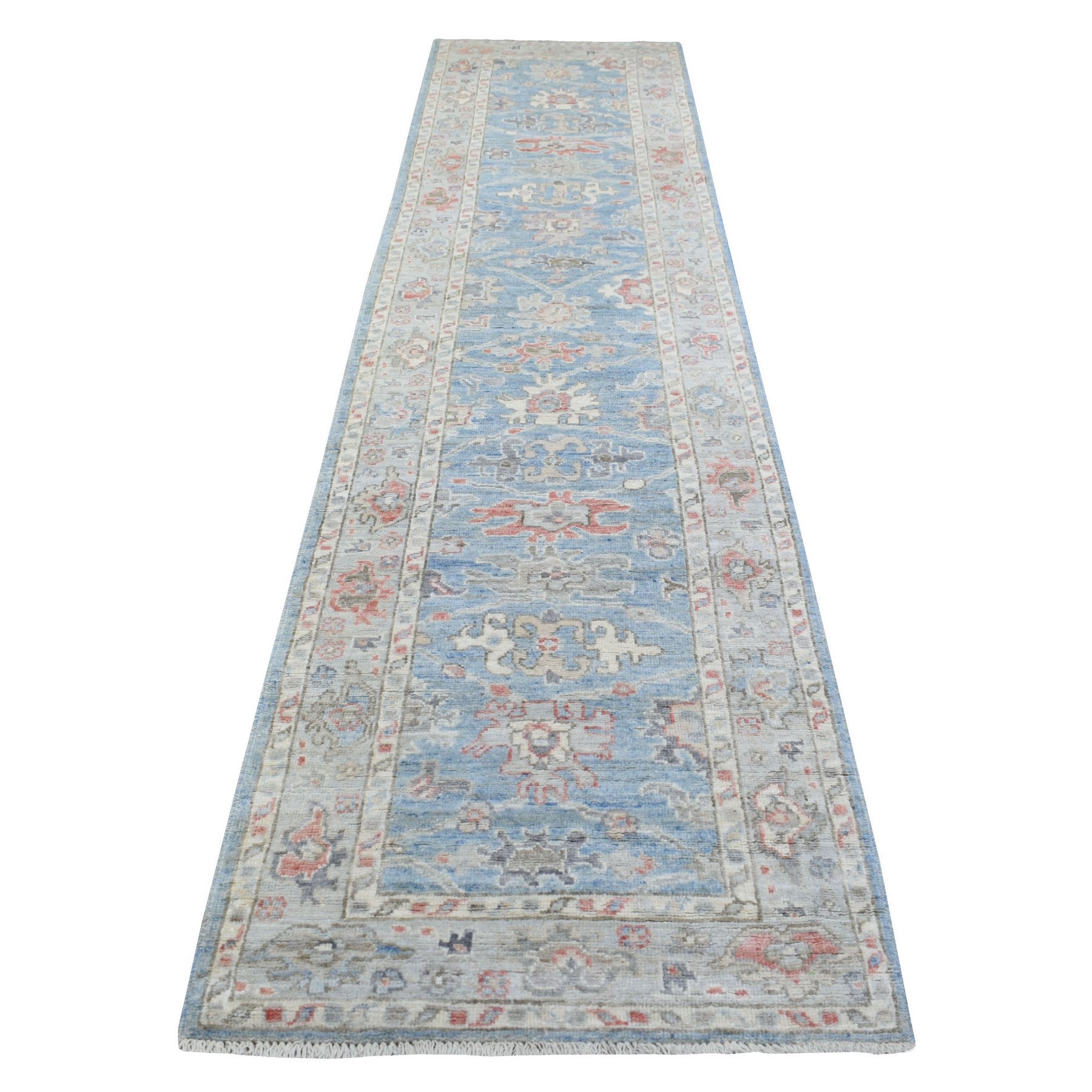 3'x12'7" Hand Woven Denim Blue Afghan Angora Oushak with Floral Pattern Extra Soft Wool Oriental Wide Runner Rug 