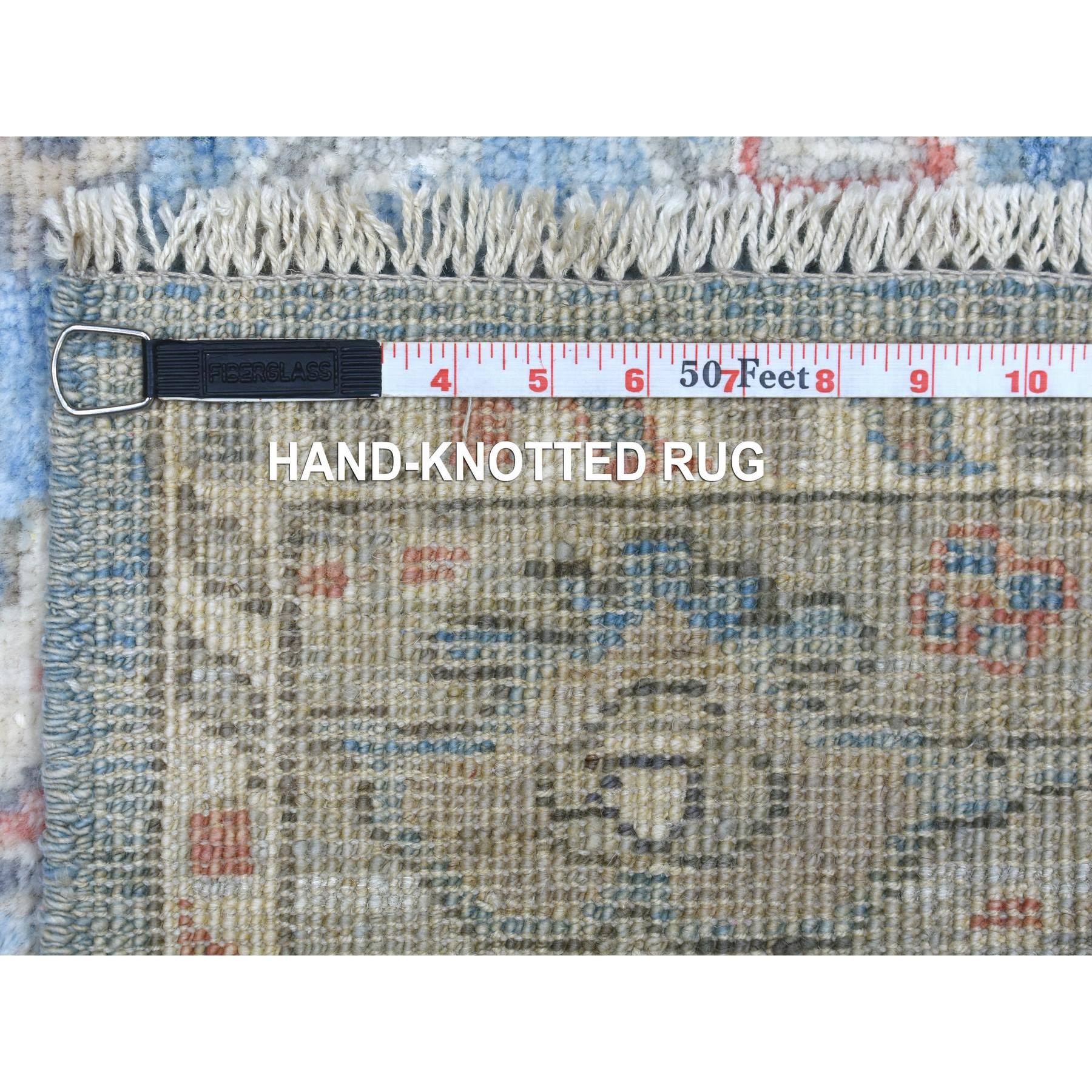 3'x12'7" Hand Woven Denim Blue Afghan Angora Oushak with Floral Pattern Extra Soft Wool Oriental Wide Runner Rug 
