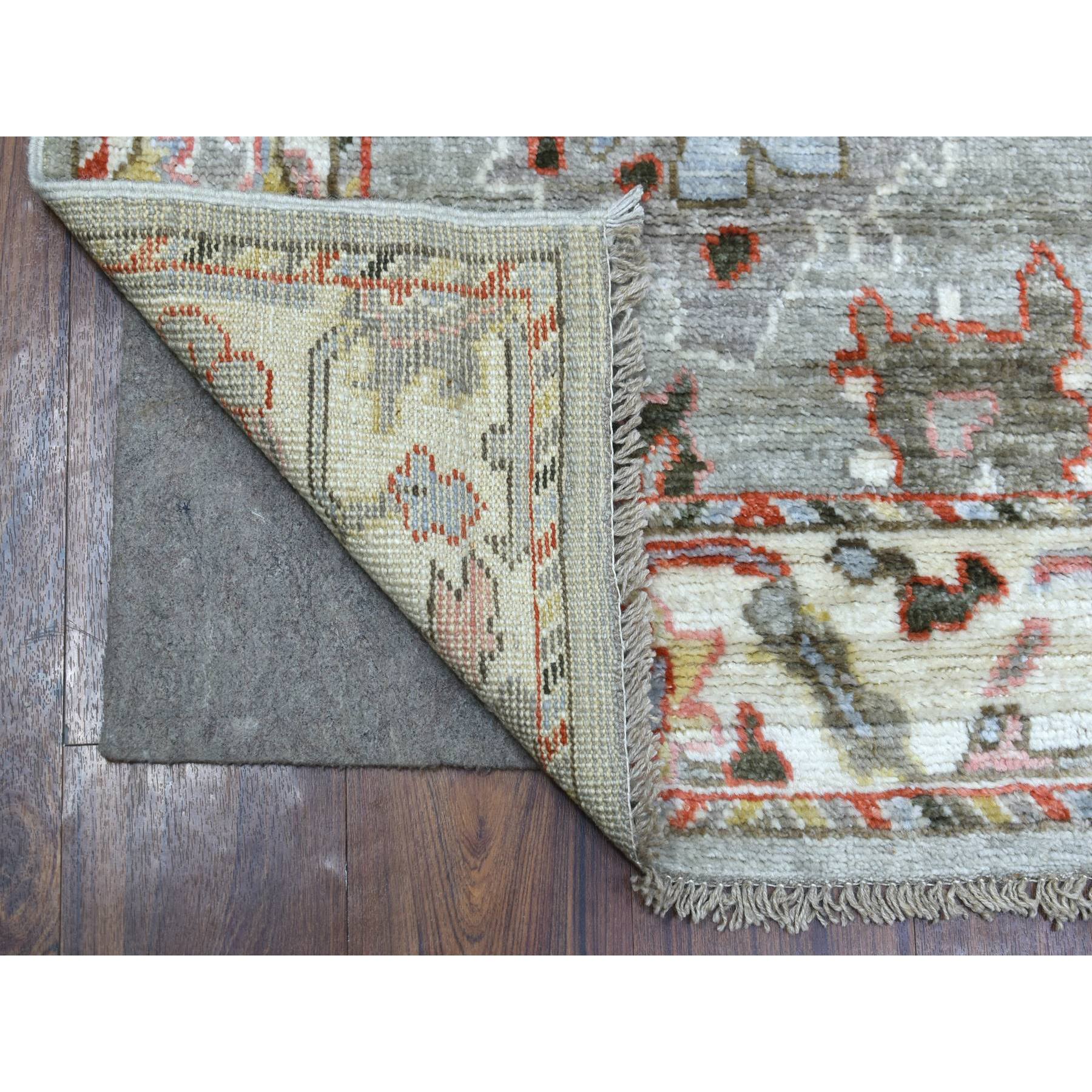 2'7"x9'8" Hand Woven Gray Afghan Angora Oushak with Bold Color Floral Pattern Pure Wool Oriental Rug 