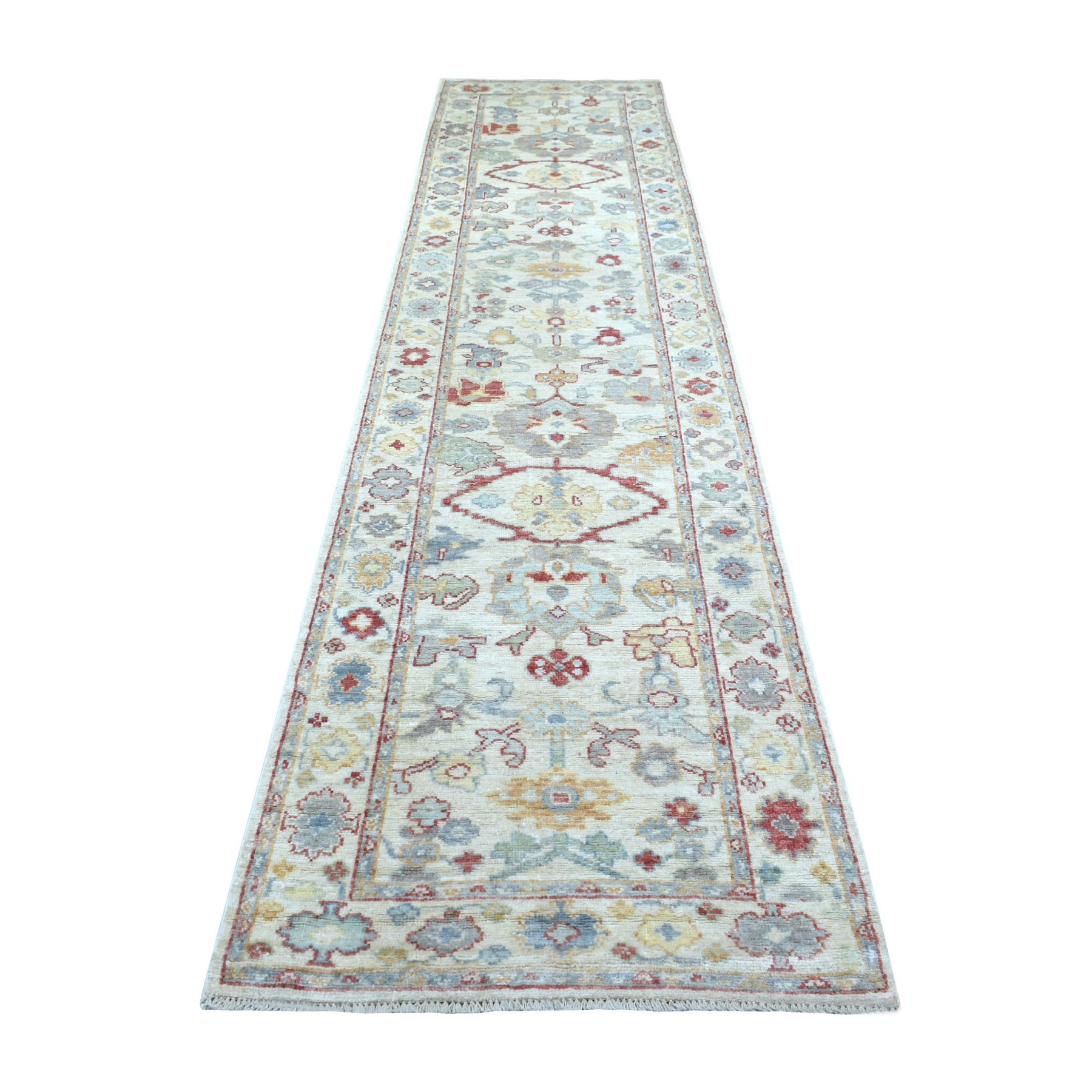 3'2"x13'4" Afghan Angora Oushak Ivory with Pop of Colors Hand Woven Extra Soft Wool Oriental Wide Runner Rug 