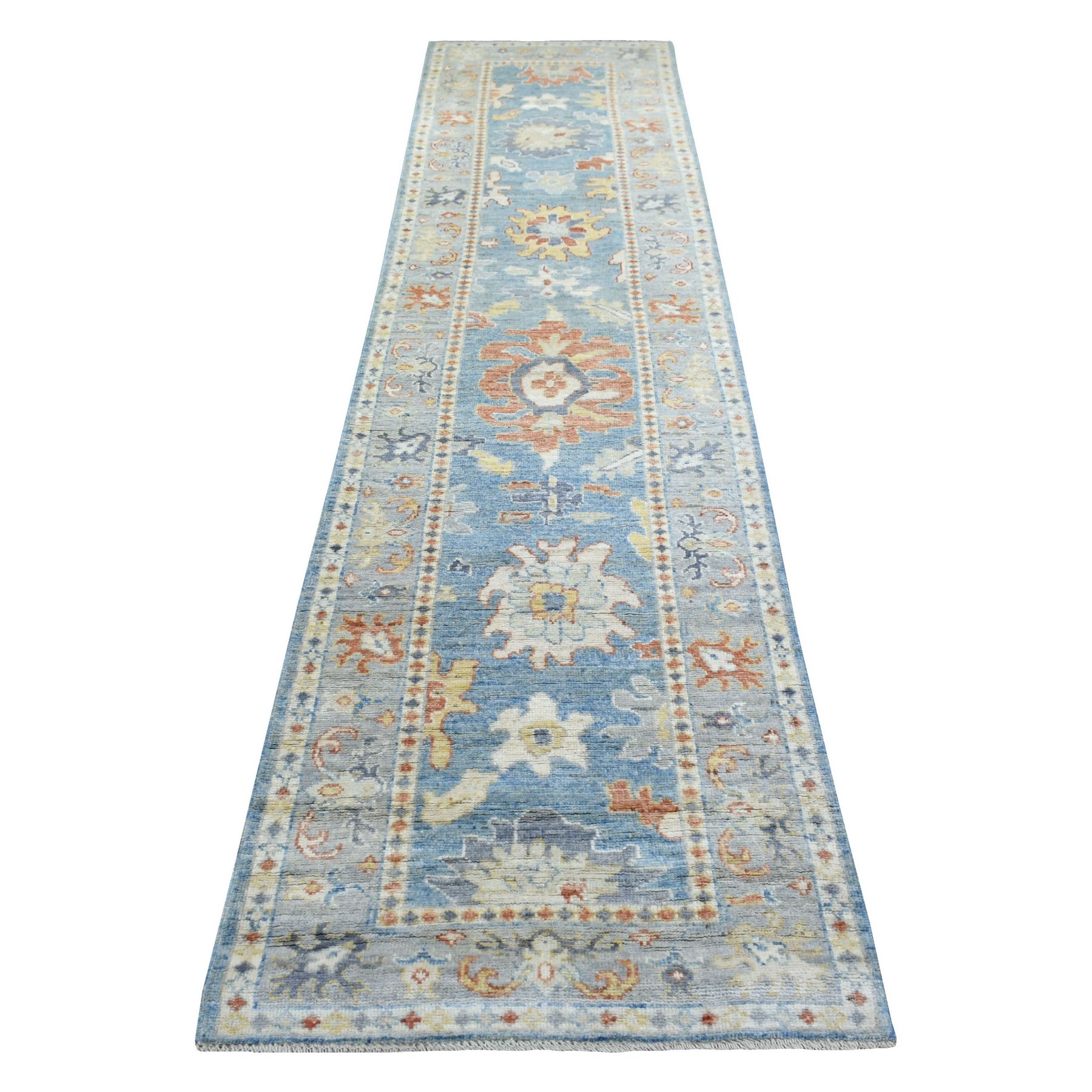 2'8"x11'6" Denim Blue Afghan Angora Oushak with Colorful Leaf Design Hand Woven Pure Wool Oriental Runner Rug 