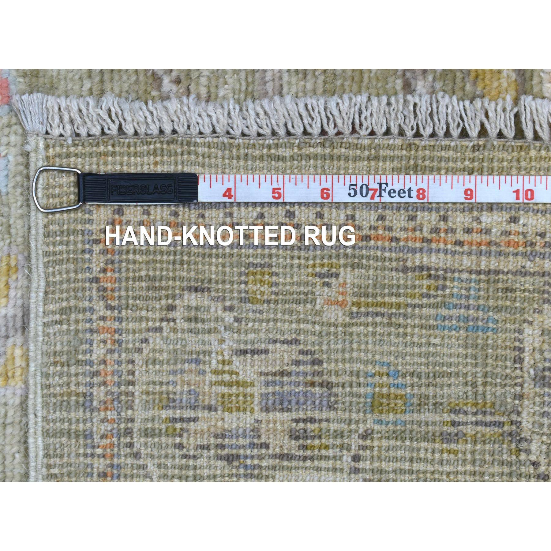 2'8"x11'5" Olive Green Hand Woven Angora Ushak with Leaf Design Soft, Afghan Wool Oriental Runner Rug 