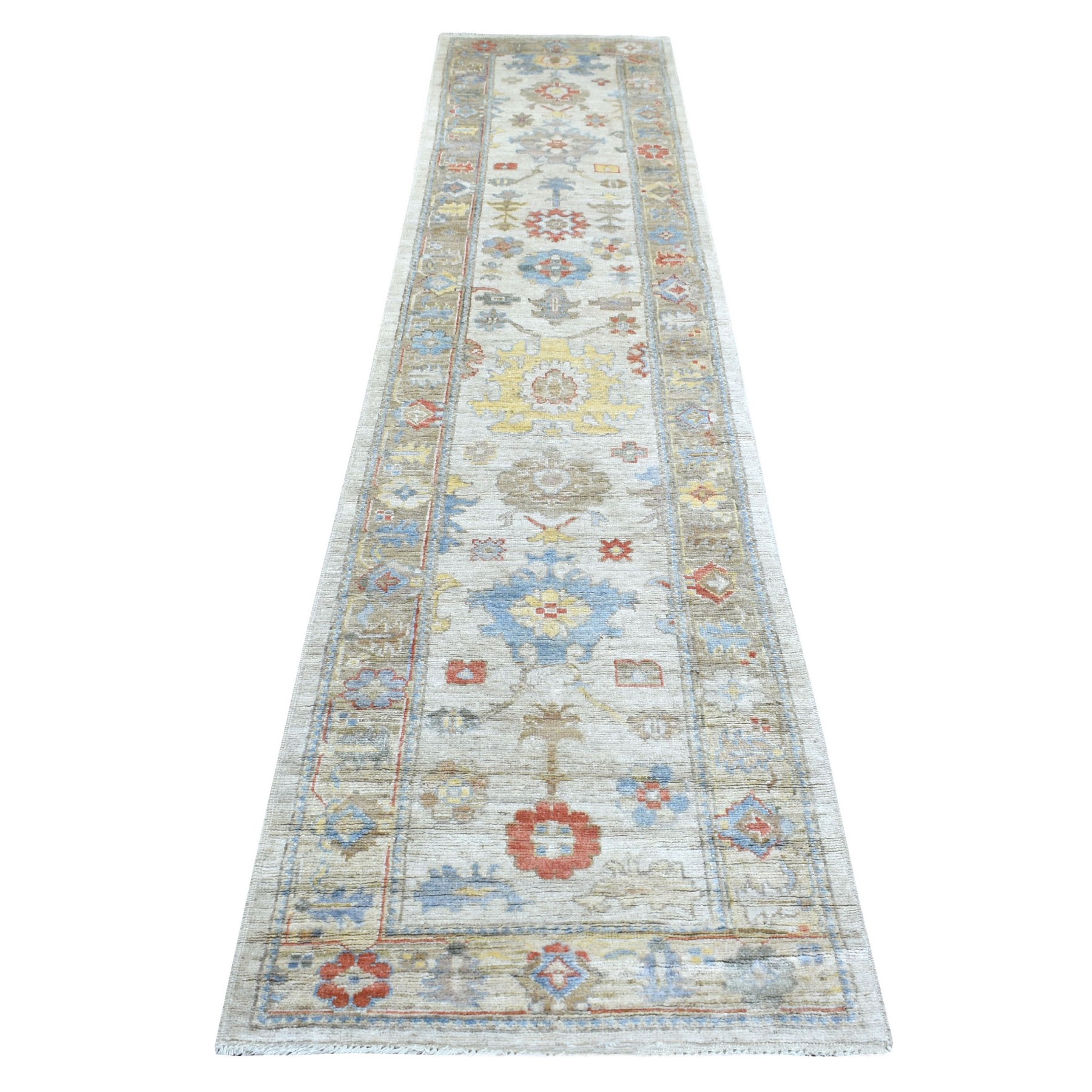 2'7"x12'2" Hand Woven Gray Afghan Angora Oushak with Colorful Leaf Design Pliable Wool Oriental Runner Rug 