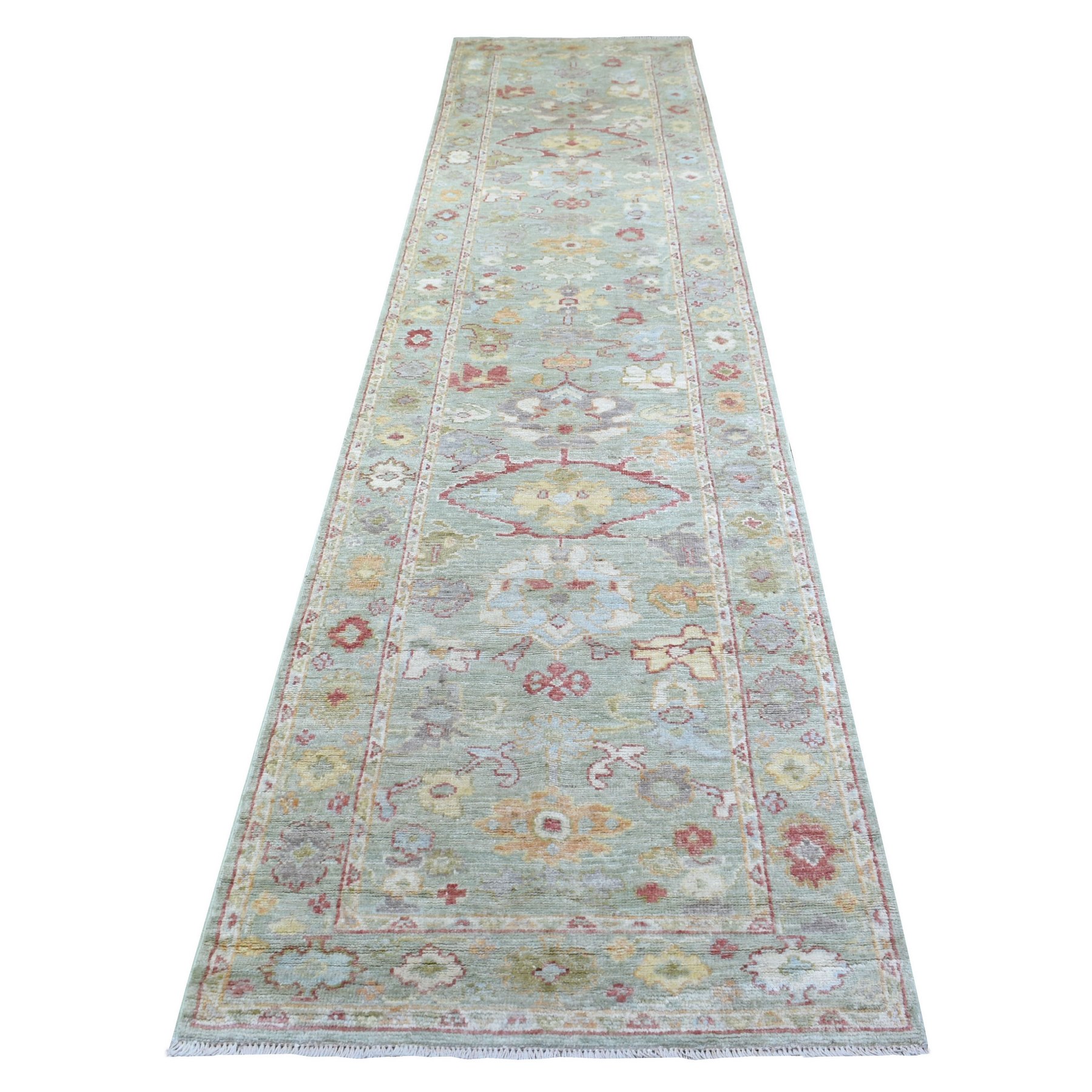 3'x13'3" Green Angora Oushak with All Over Design Hand Woven Soft, Afghan Wool Oriental Wide Runner Rug 
