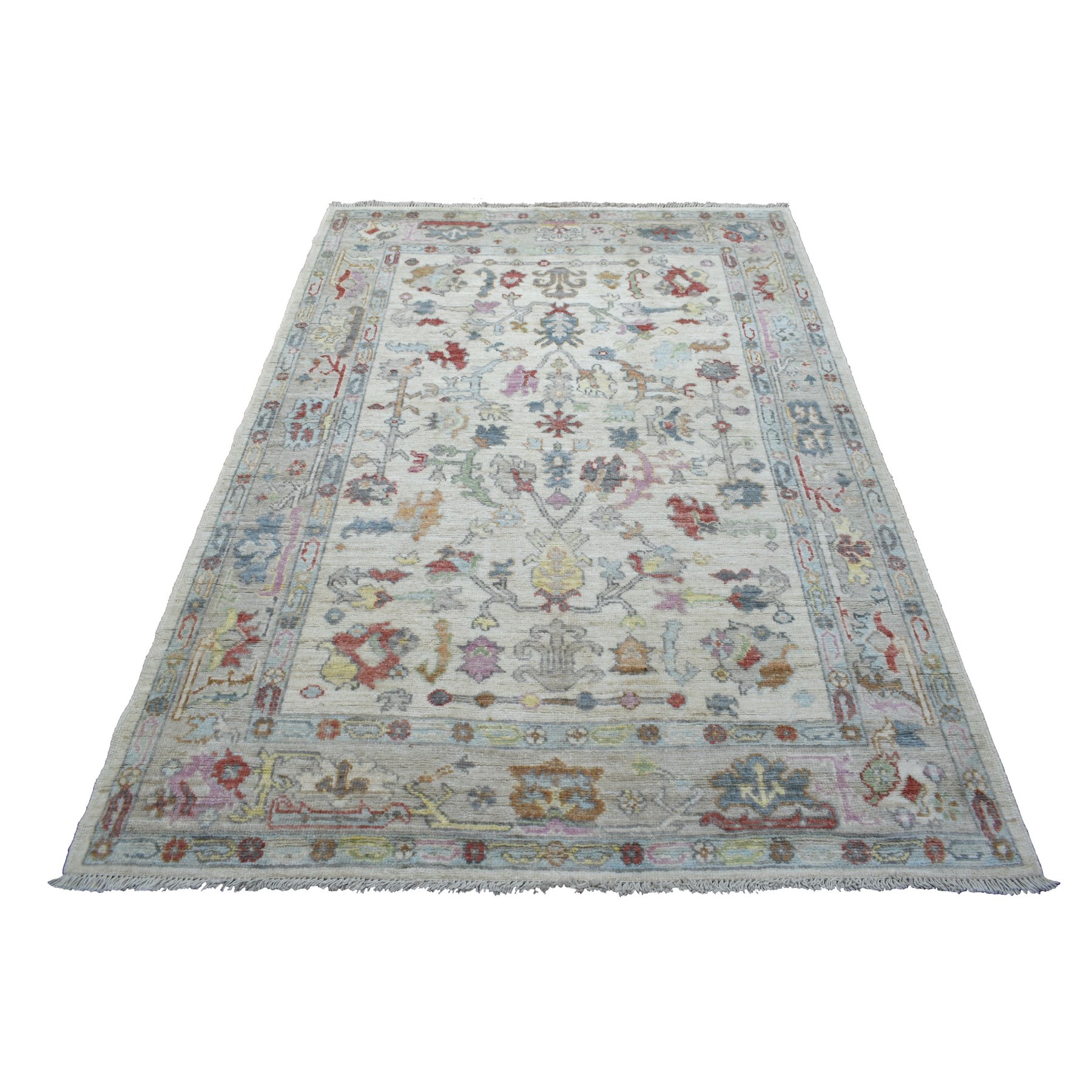 5'x7'1" Ivory Hand Woven, Afghan Angora Oushak with Colorful Floral Pattern, Soft and Shiny Wool Oriental Rug 
