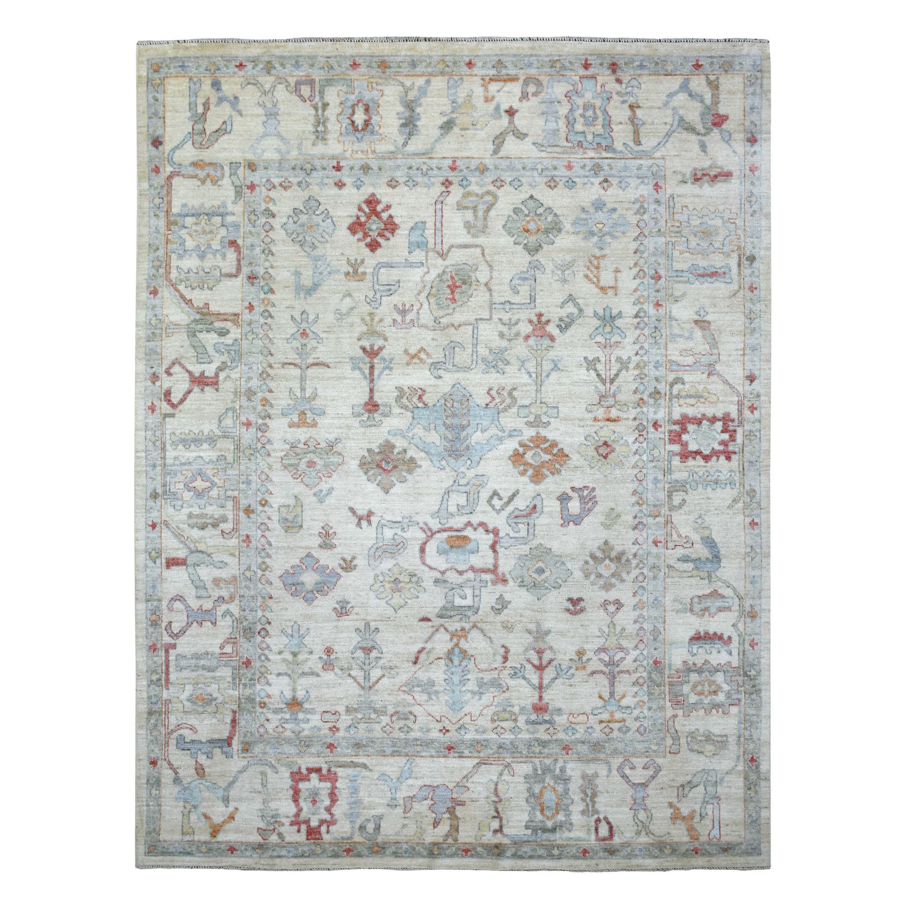 8'1"x10'1" Ivory, Hand Woven, Afghan Angora Oushak with Floral Pattern, Natural Wool, Oriental Rug 