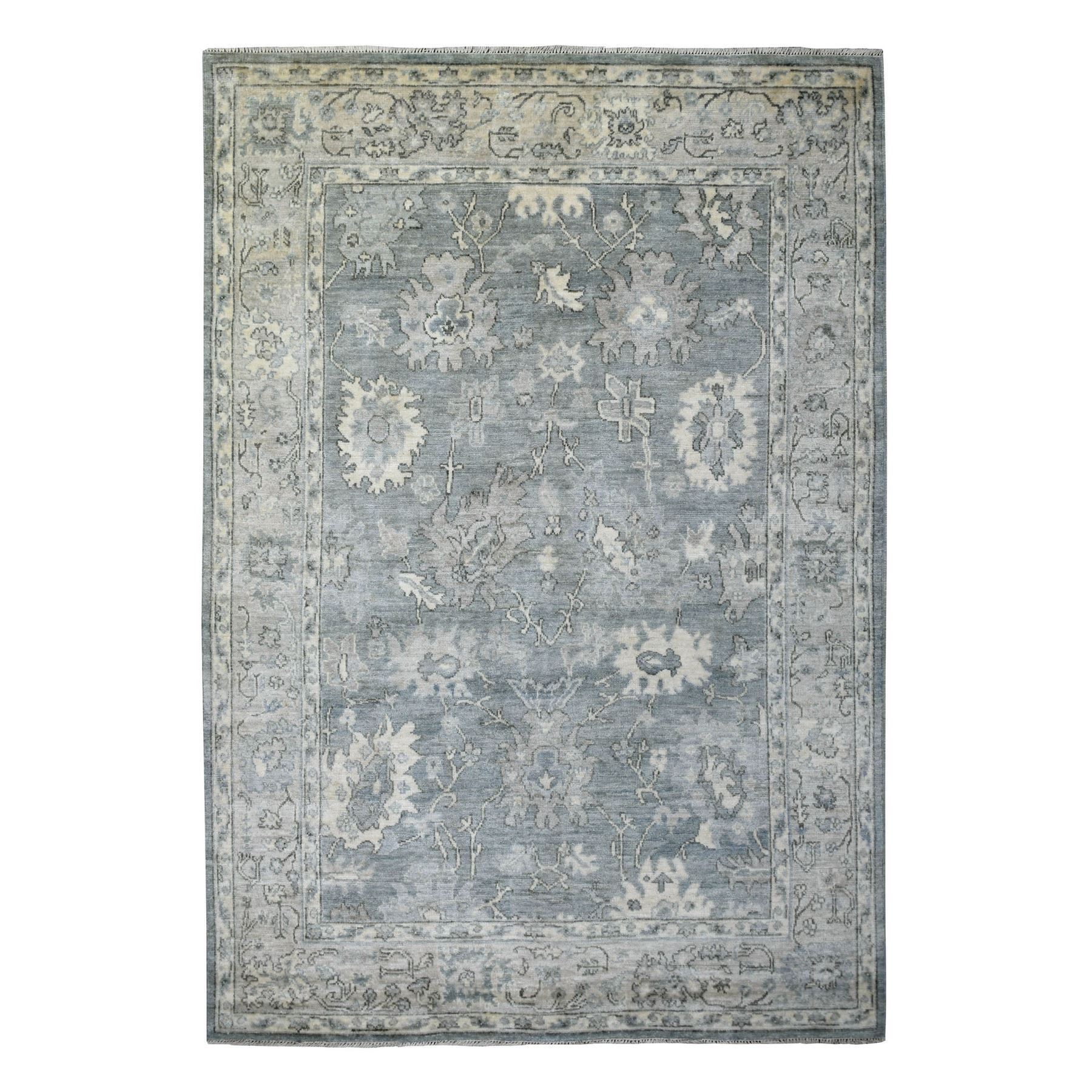 6'x8'7" Gray Hand Woven, Afghan Angora Oushak with Leaf Design, Pure Wool Oriental Rug 