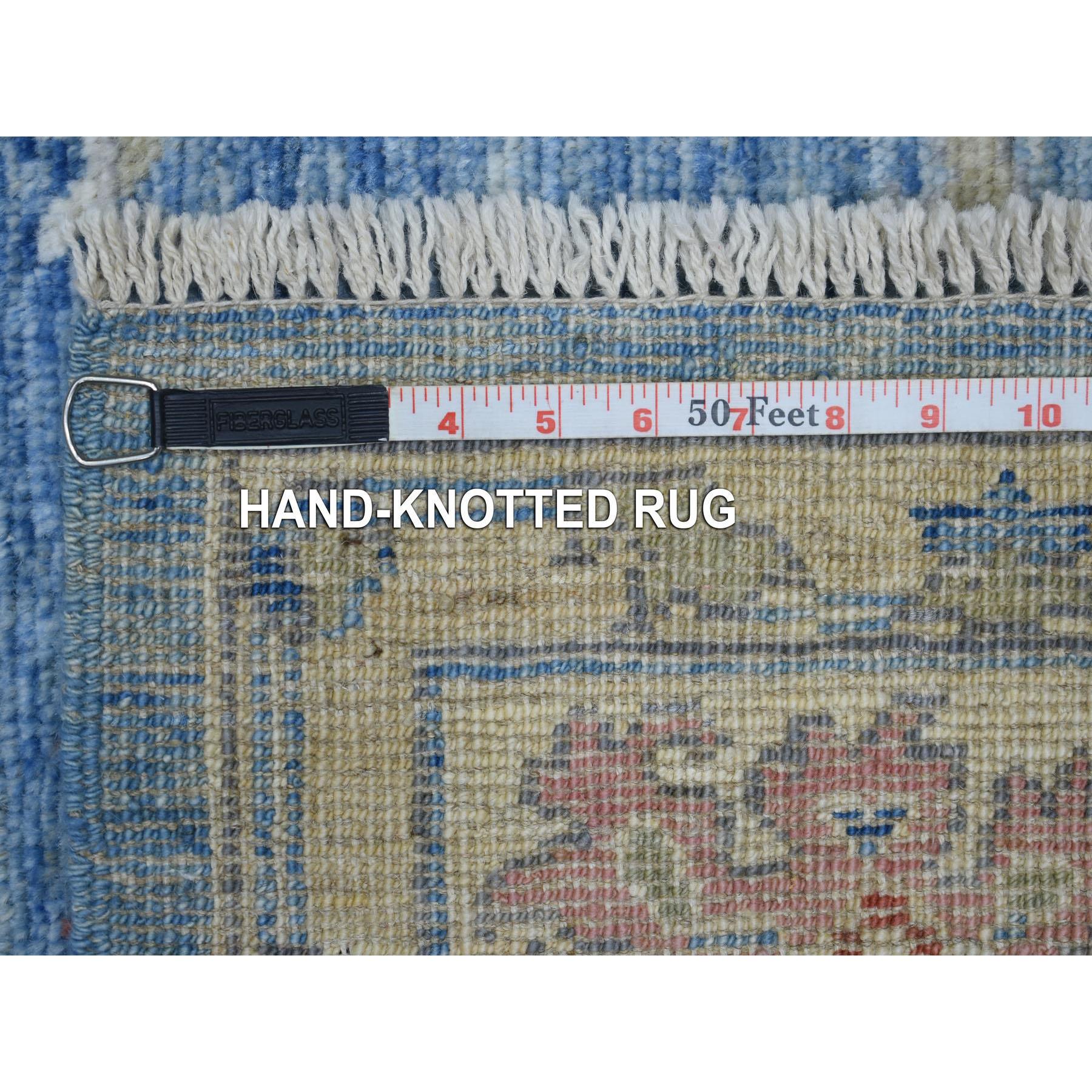 6'1"x8'10" Denim Blue Afghan Angora Oushak with Colorful Leaf Design, Hand Woven, Soft and Shiny Wool Oriental Rug 