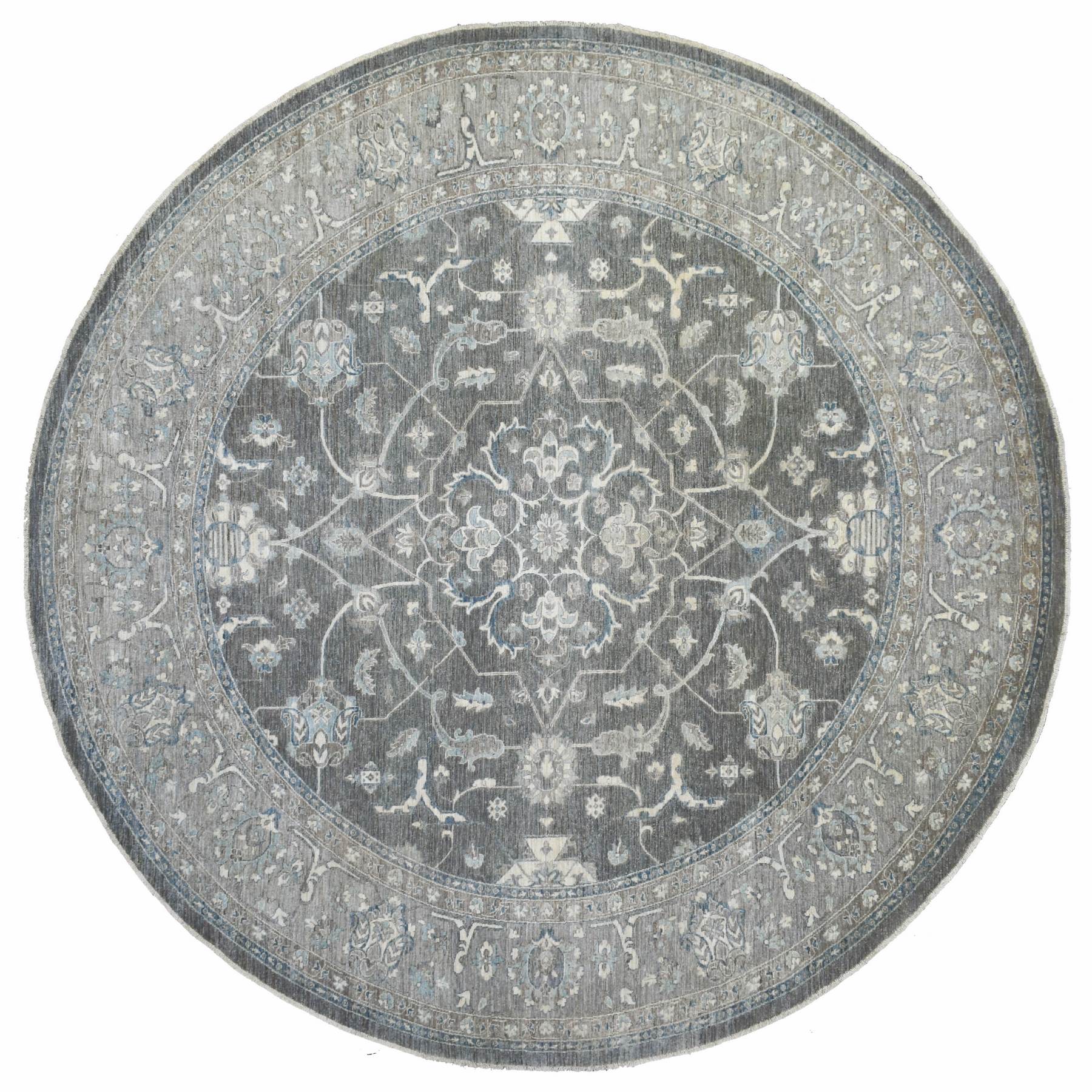 12'x12' Charcoal Gray, Fine Peshawar with Floral Pattern, Densely Woven, Hand Woven, Natural Wool Round Oriental Rug 