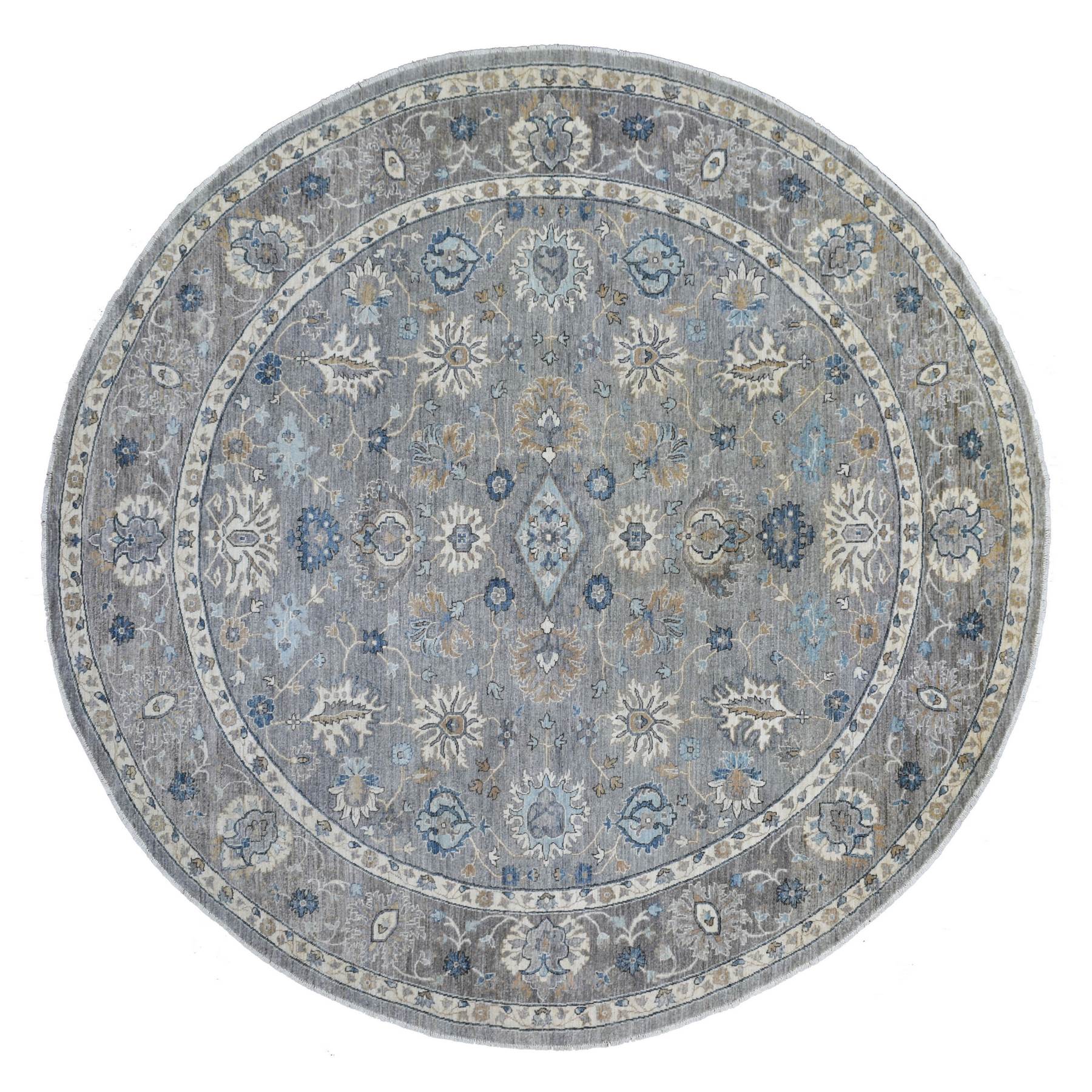 10'8"x10'8" Gray, Fine Peshawar with All Over Motifs, Densely Woven, Hand Woven, Organic Wool Round Oriental Rug 