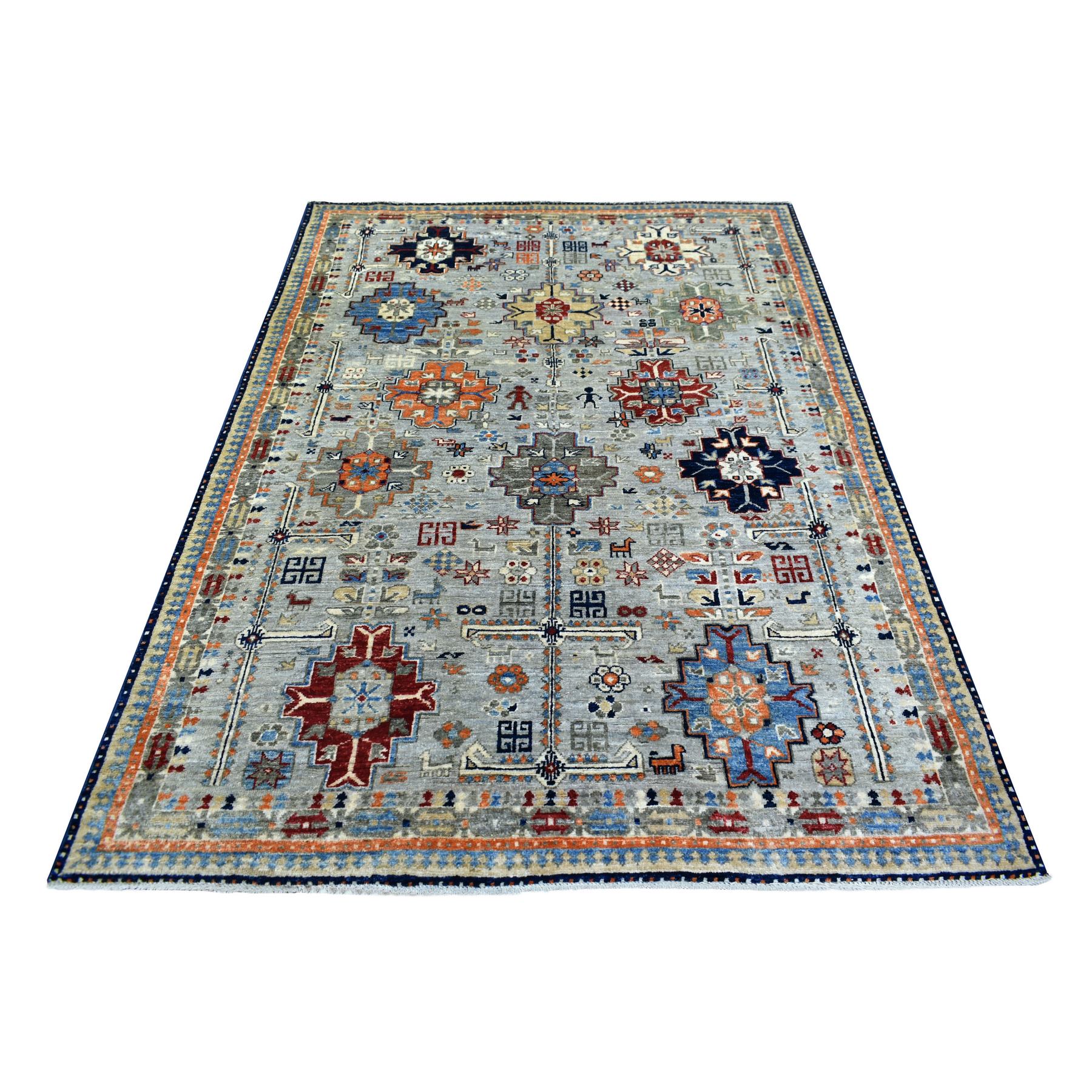 5'2"x7'3" Gray Afghan Ersari with Large Elements Design, Natural Dyes, Hand Woven, Pure Wool Oriental Rug 