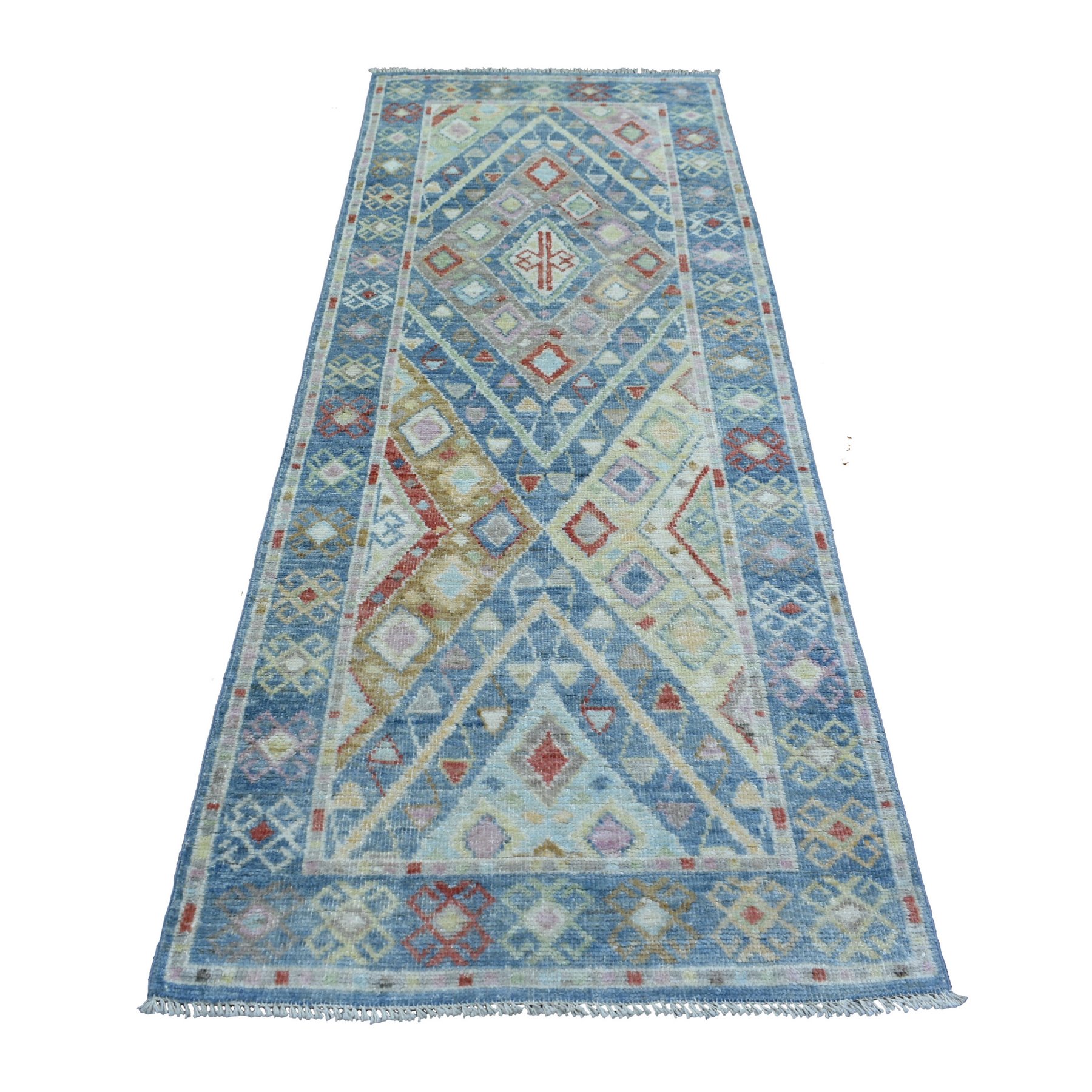 3'x8' Denim Blue, Organic Wool, Anatolian Village Inspired Geometric Design, Hand Woven, Runner Oriental Rug 