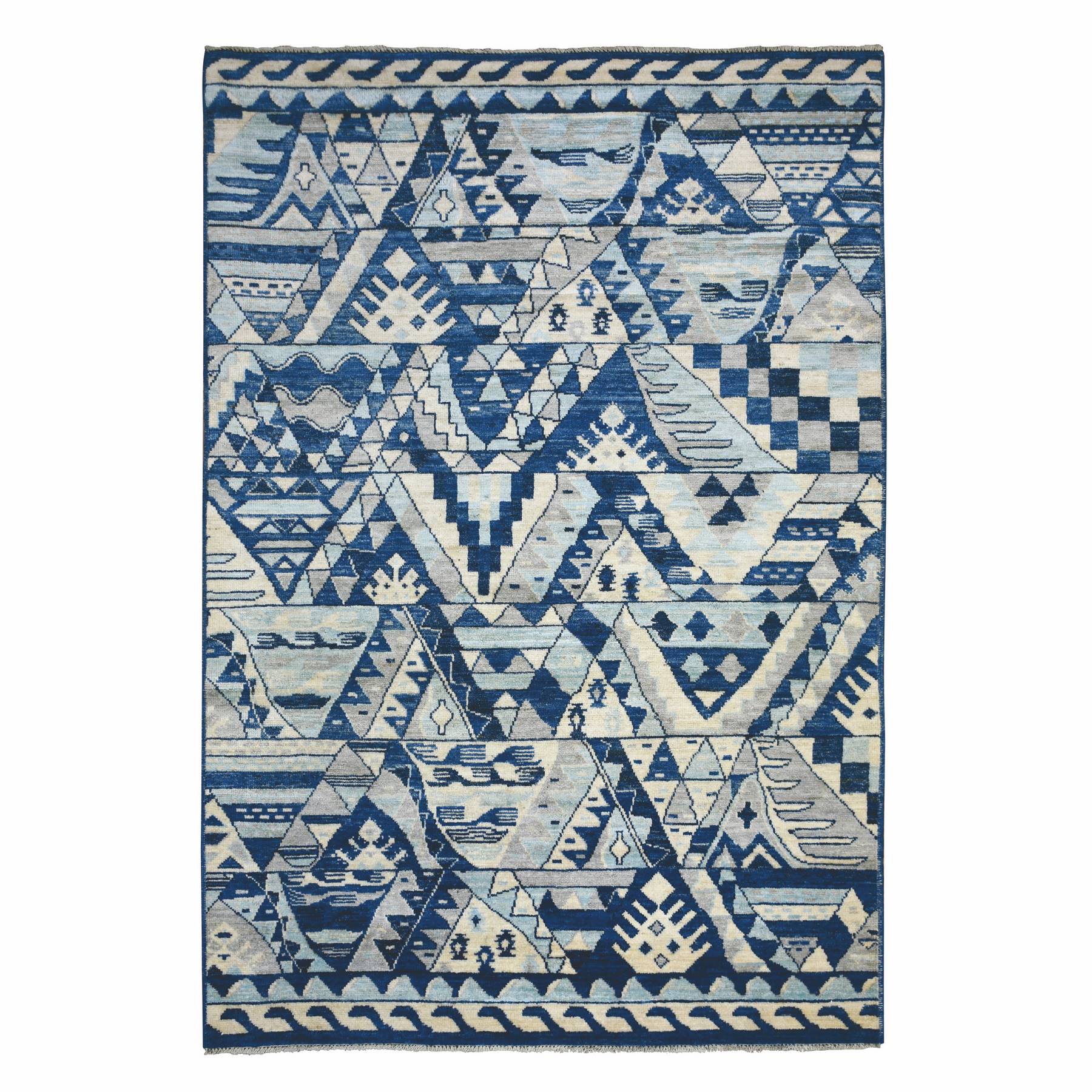 6'x8'9" Denim Blue, Natural Wool Hand Woven, Anatolian Village Inspired with Patchwork Design Natural Dyes, Oriental Rug 