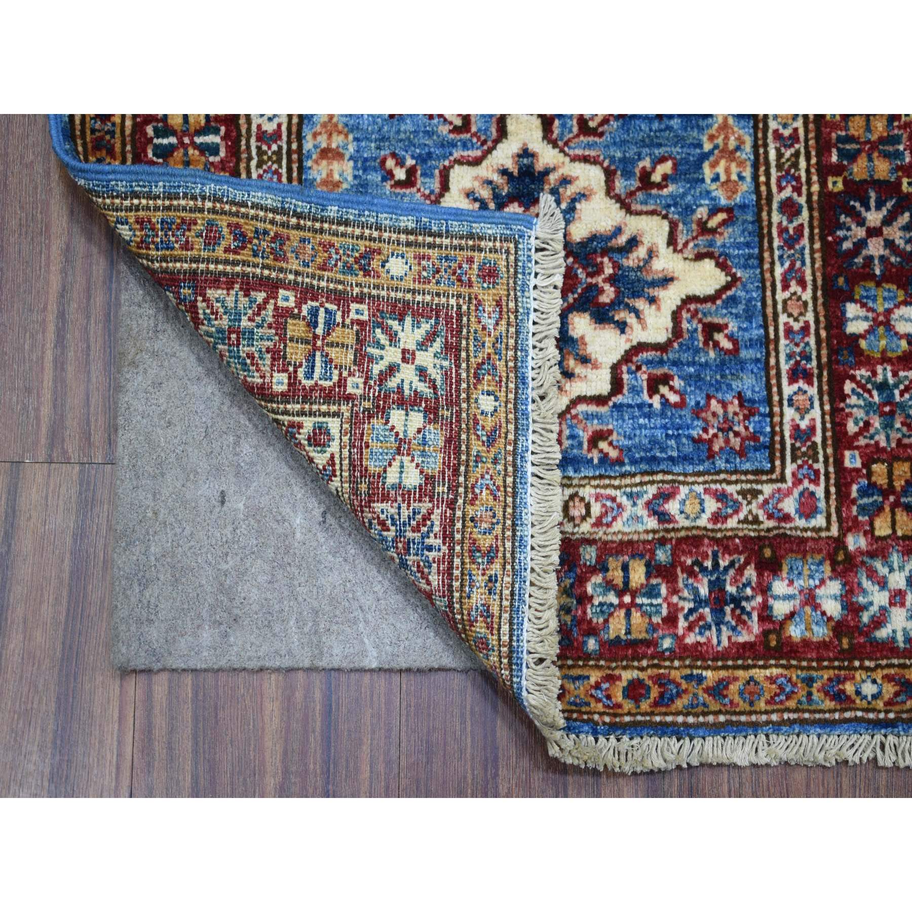 2'x3' Denim Blue, Natural Dyes Densely Woven, Shiny and Soft Wool Hand Woven, Caucasian Super Kazak with Tribal Design, Mat Oriental Rug 
