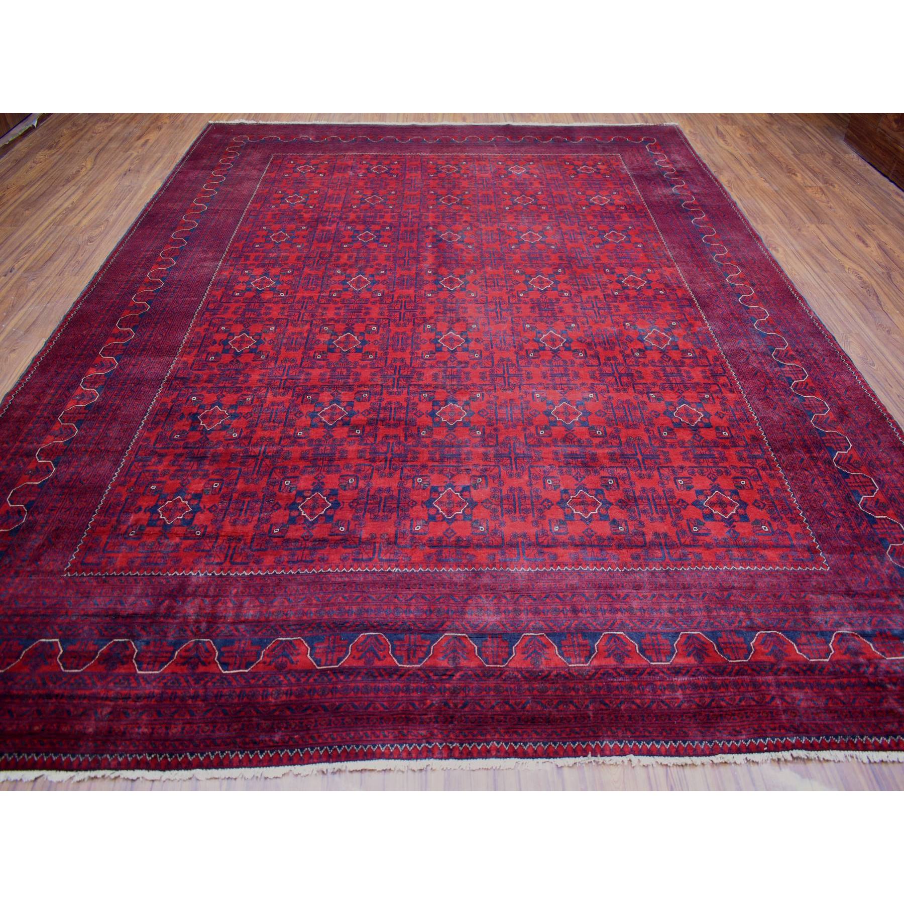 9'10"x12'6" Deep and Saturated Red, Afghan Khamyab with Geometric Design, Pure Wool Hand Woven, Oriental Rug 