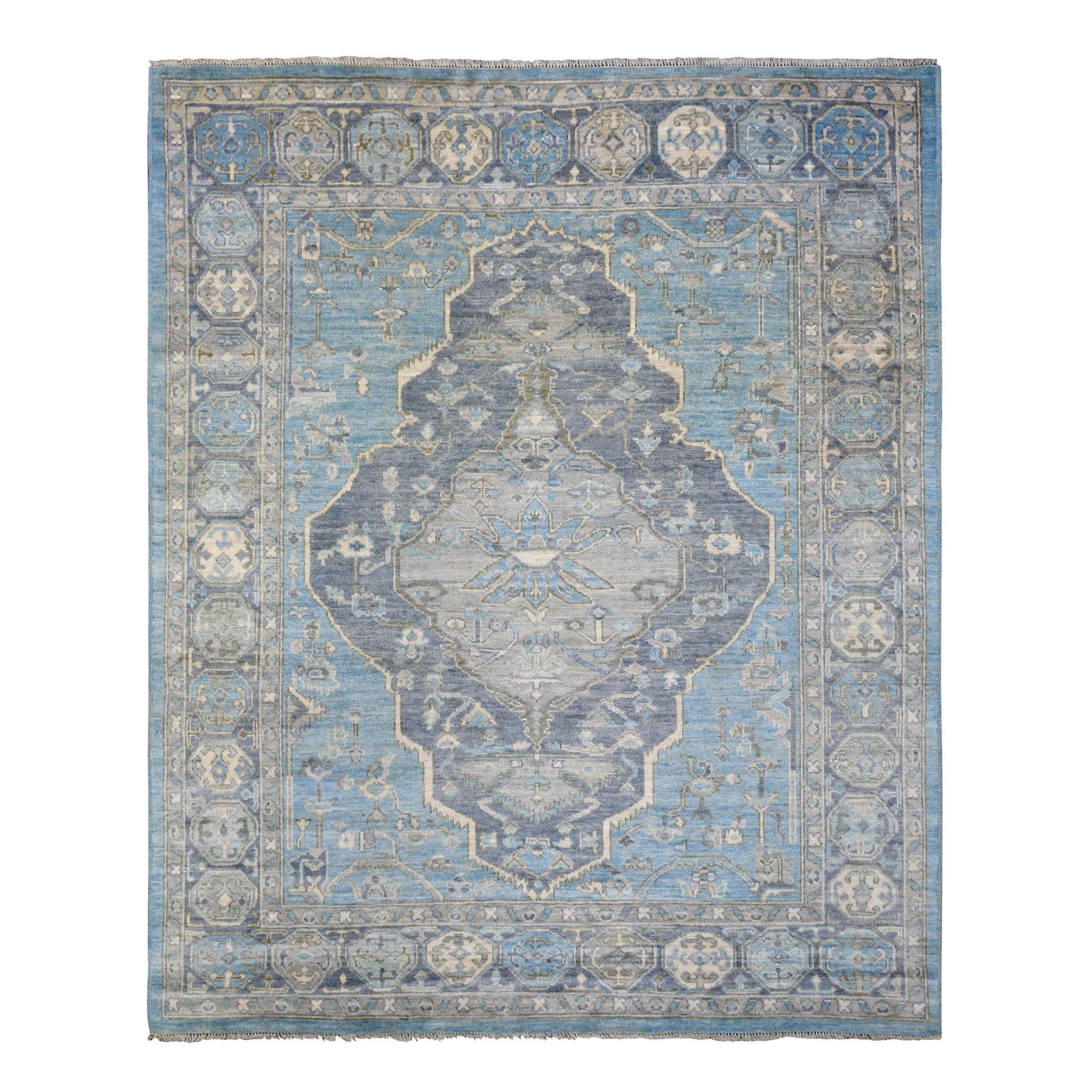 8'x9'6" Light Blue, Hand Woven Anatolian Village Inspired with Large Medallion Design, Natural Dyes Soft Wool, Oriental Rug 