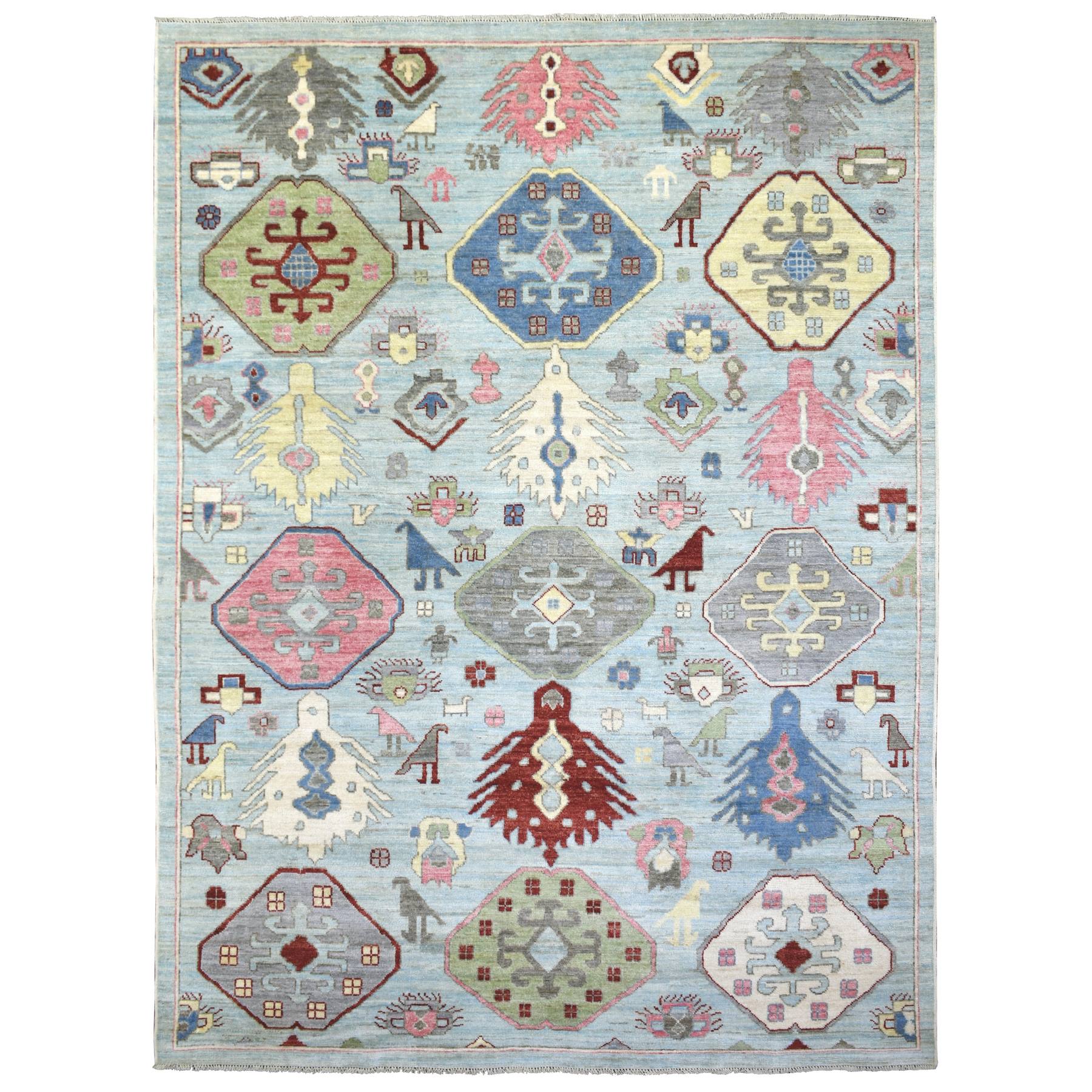 8'10"x11'8" Light Blue, Anatolian Design with Large Elements and Bird Figurines Natural Dyes, Soft and Supple Wool Hand Woven, Oriental Rug 